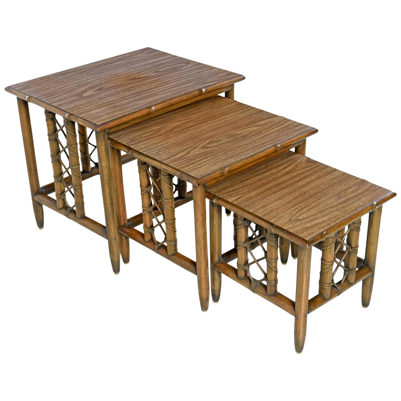 Midcentury Bamboo Rattan Laminate Top Nesting Table, Set of 3