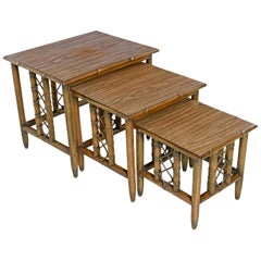 Midcentury Bamboo Rattan Laminate Top Nesting Table, Set of 3