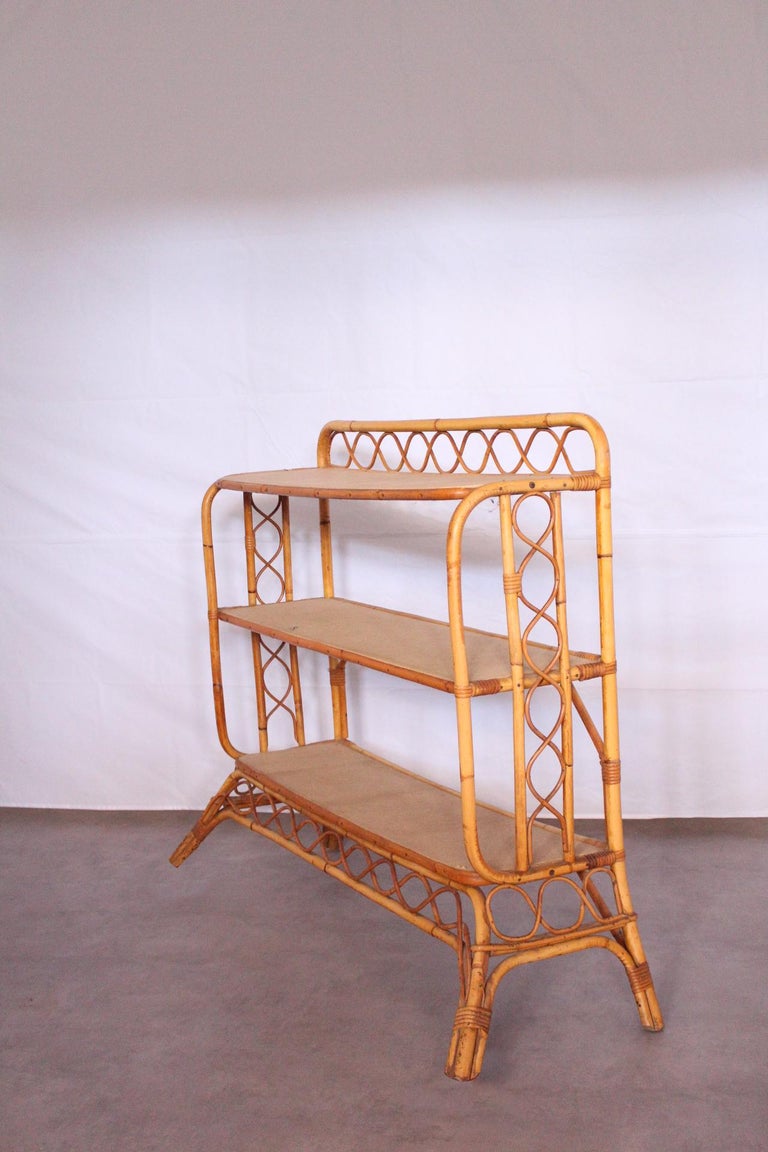 20th Century Midcentury Bamboo Rattan Shelves Étagère French Three-Tier Bookcase