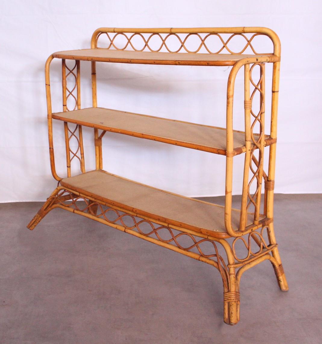 Mid-Century Modern Midcentury Bamboo Rattan Shelves Étagère French Three-Tier Bookcase