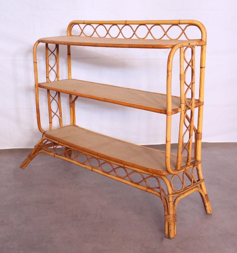 Midcentury Bamboo Rattan Shelves Étagère French ThreeTier Bookcase at