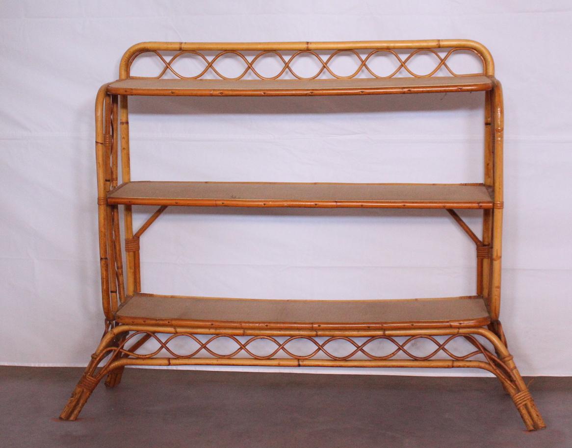 20th Century Midcentury Bamboo Rattan Shelves Étagère French Three-Tier Bookcase