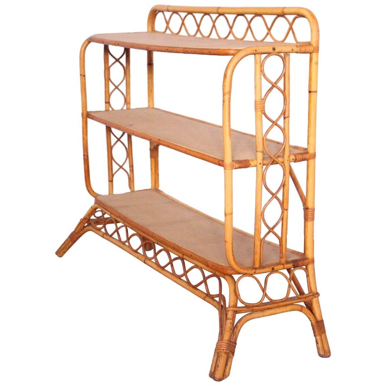 Midcentury Bamboo Rattan Shelves Étagère French Three-Tier Bookcase