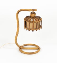 Midcentury Bamboo & Rattan Table Lamp Louis Sognot Style, Italy 1960s