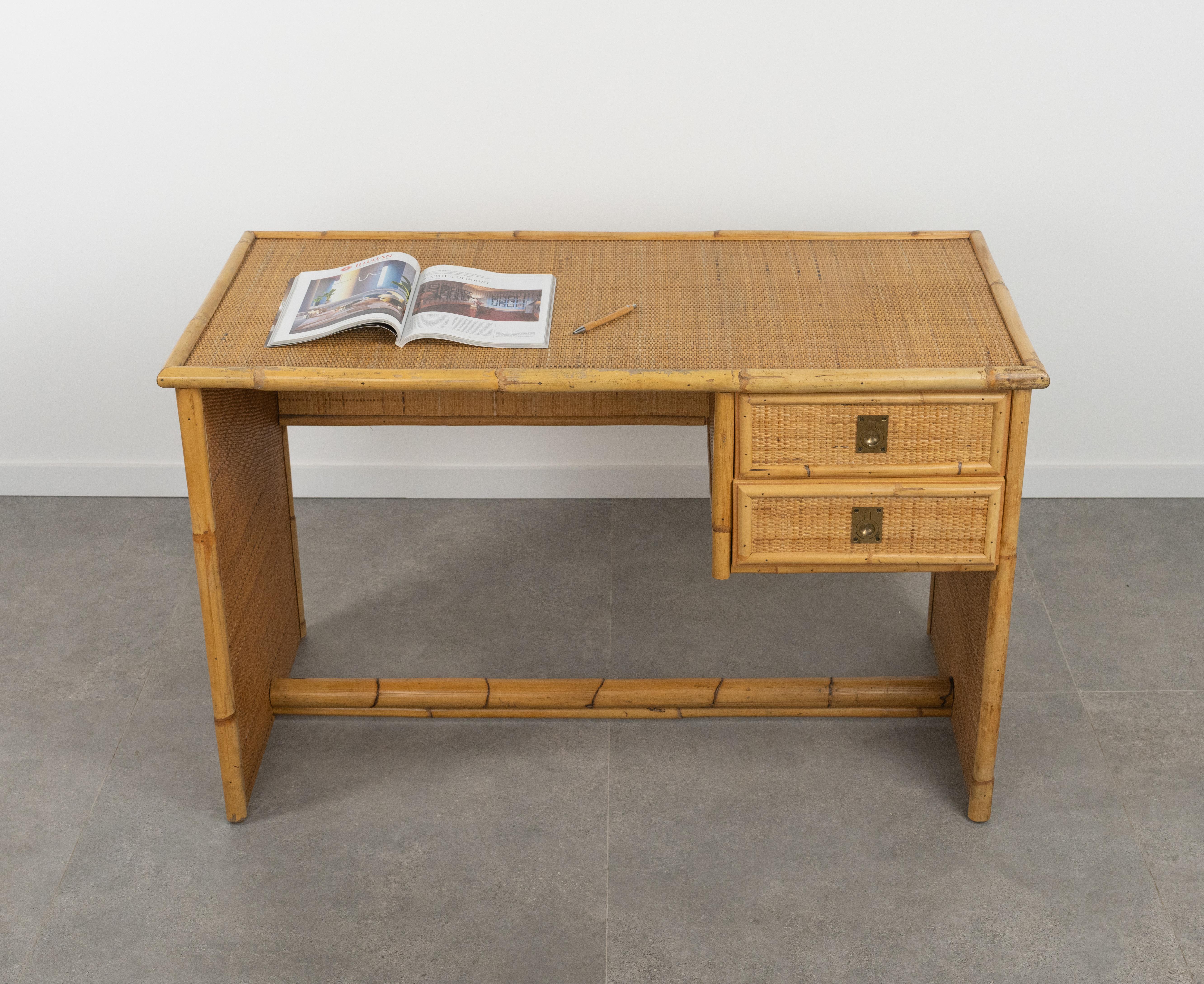 Midcentury Bamboo, Rattan & Wicker Writing Desk Table  by Dal Vera, Italy 1960s For Sale 4
