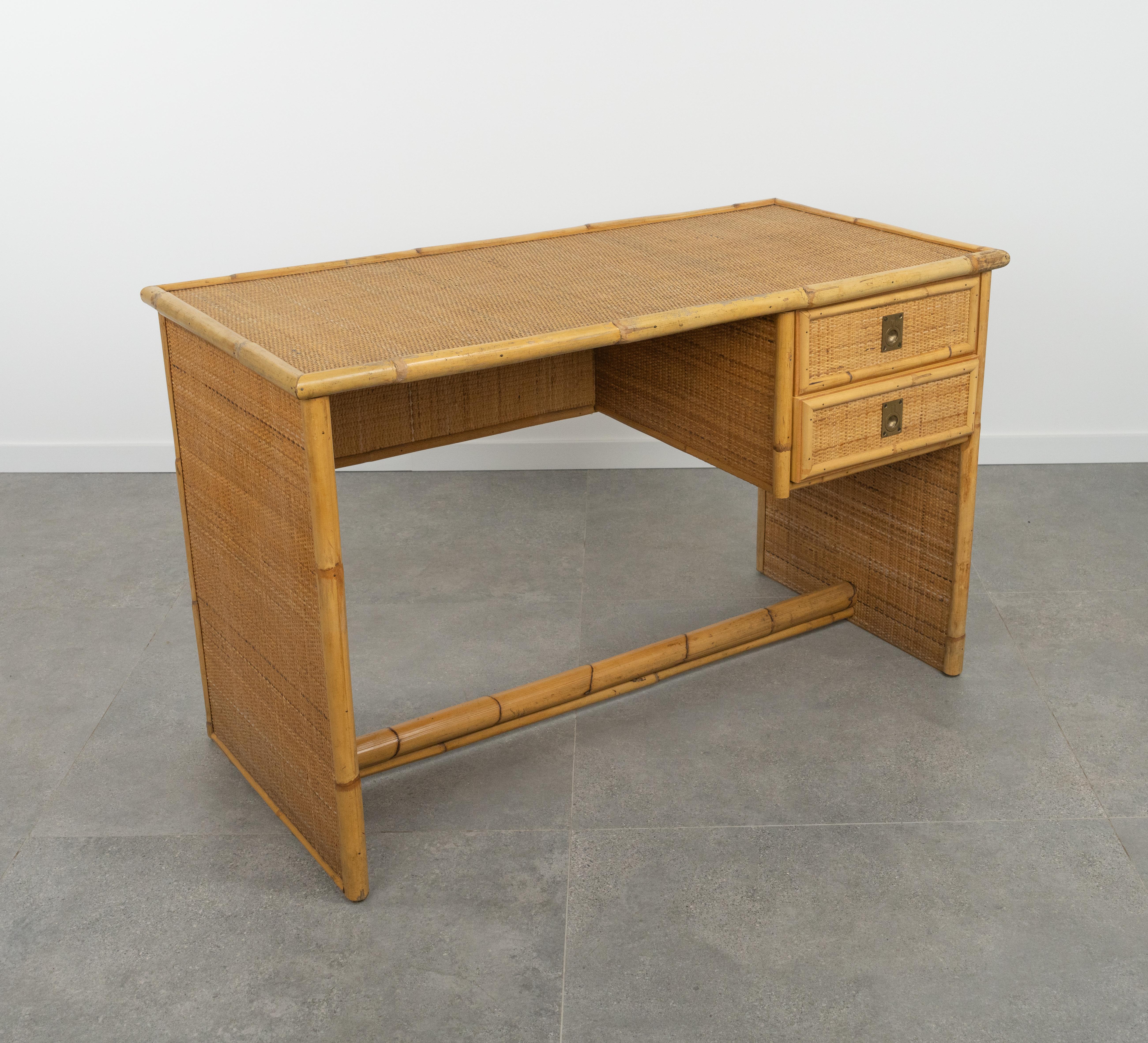 Midcentury Bamboo, Rattan & Wicker Writing Desk Table  by Dal Vera, Italy 1960s For Sale 7