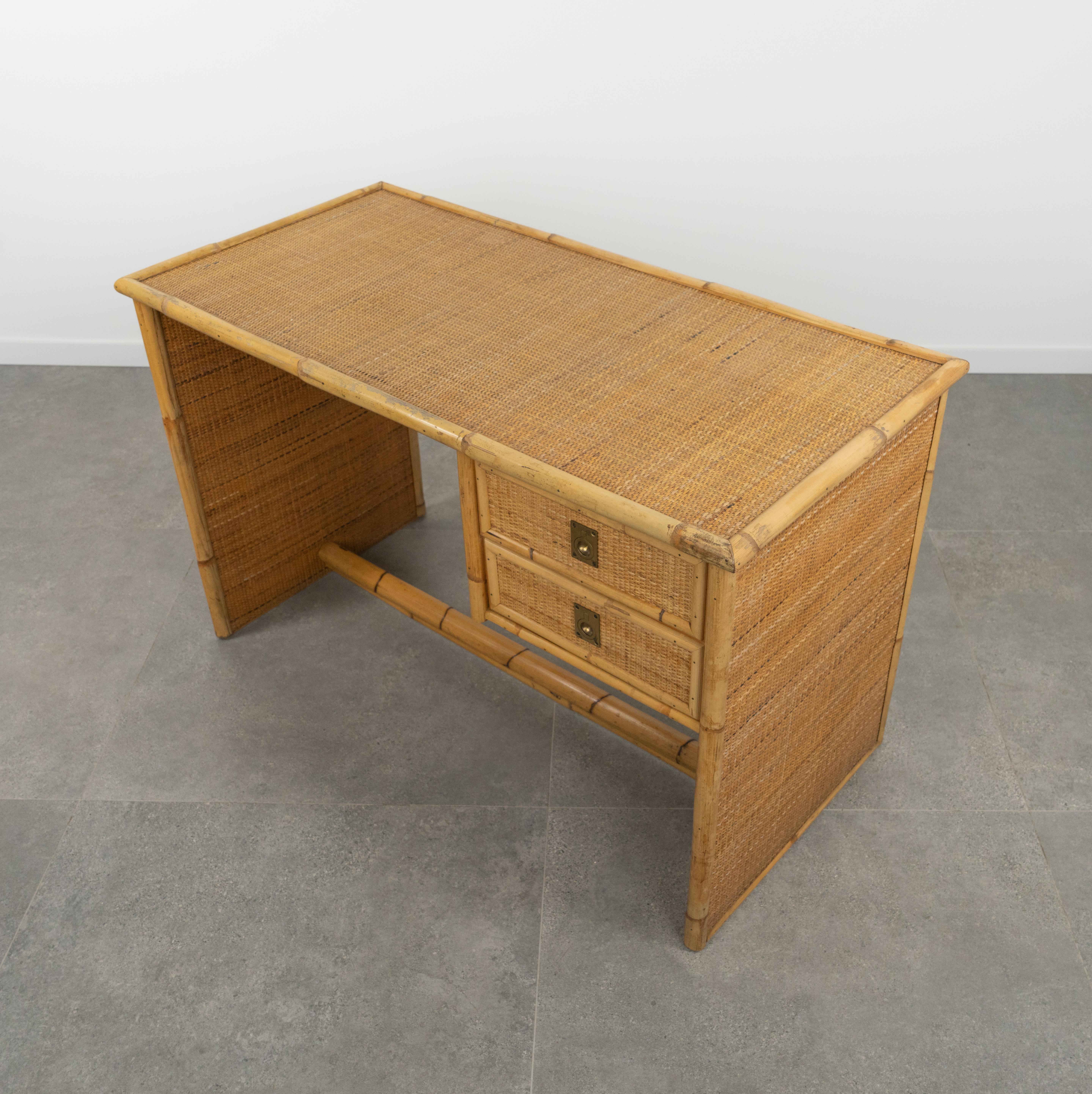 Midcentury Bamboo, Rattan & Wicker Writing Desk Table  by Dal Vera, Italy 1960s For Sale 2