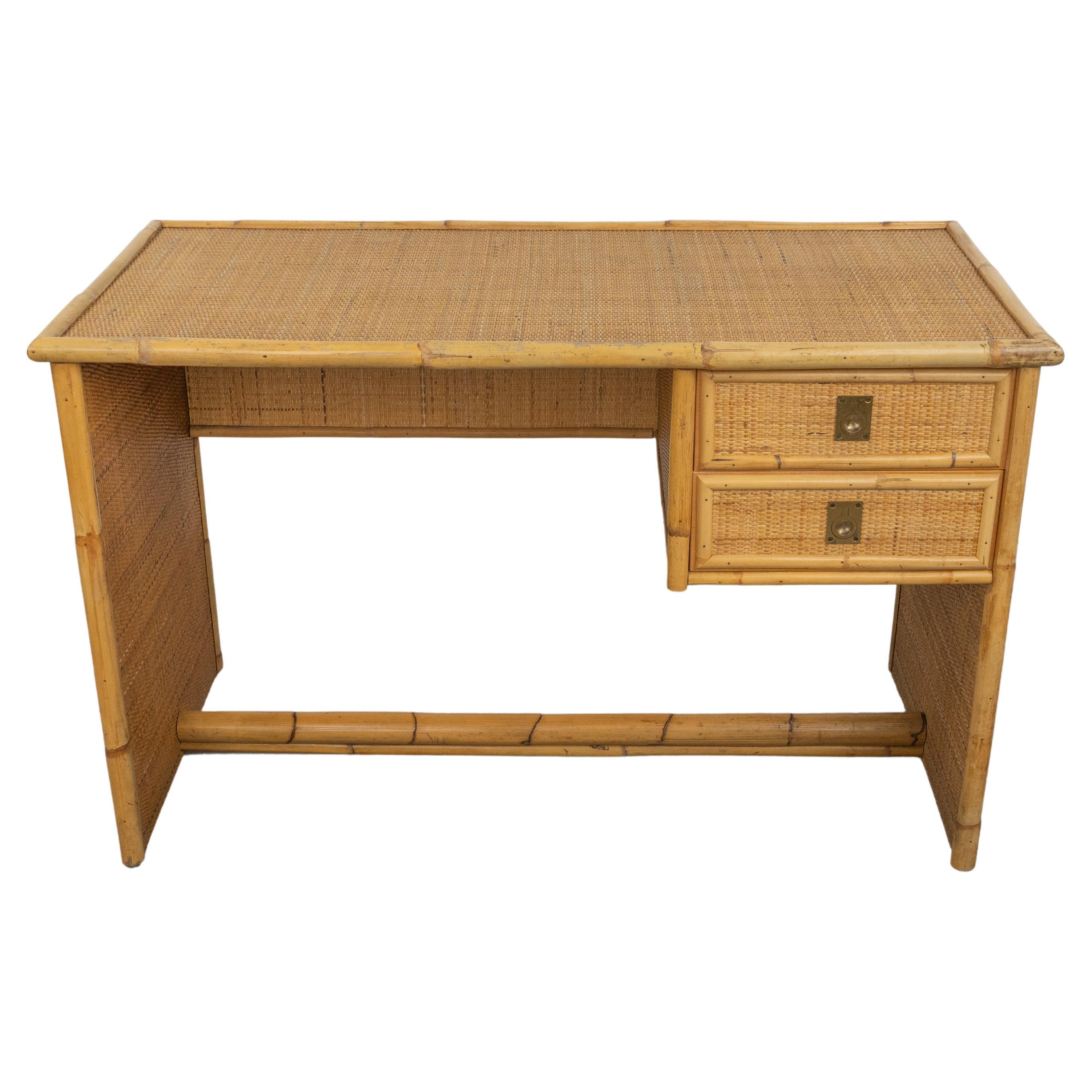 Midcentury Bamboo, Rattan & Wicker Writing Desk Table  by Dal Vera, Italy 1960s For Sale