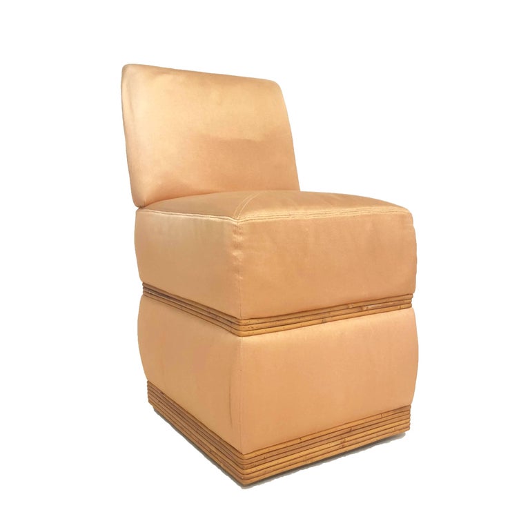 Midcentury Bamboo Trimmed Vanity Chair and Ottoman For Sale at 1stDibs