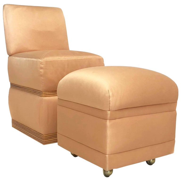 Midcentury Bamboo Trimmed Vanity Chair and Ottoman For Sale at 1stDibs