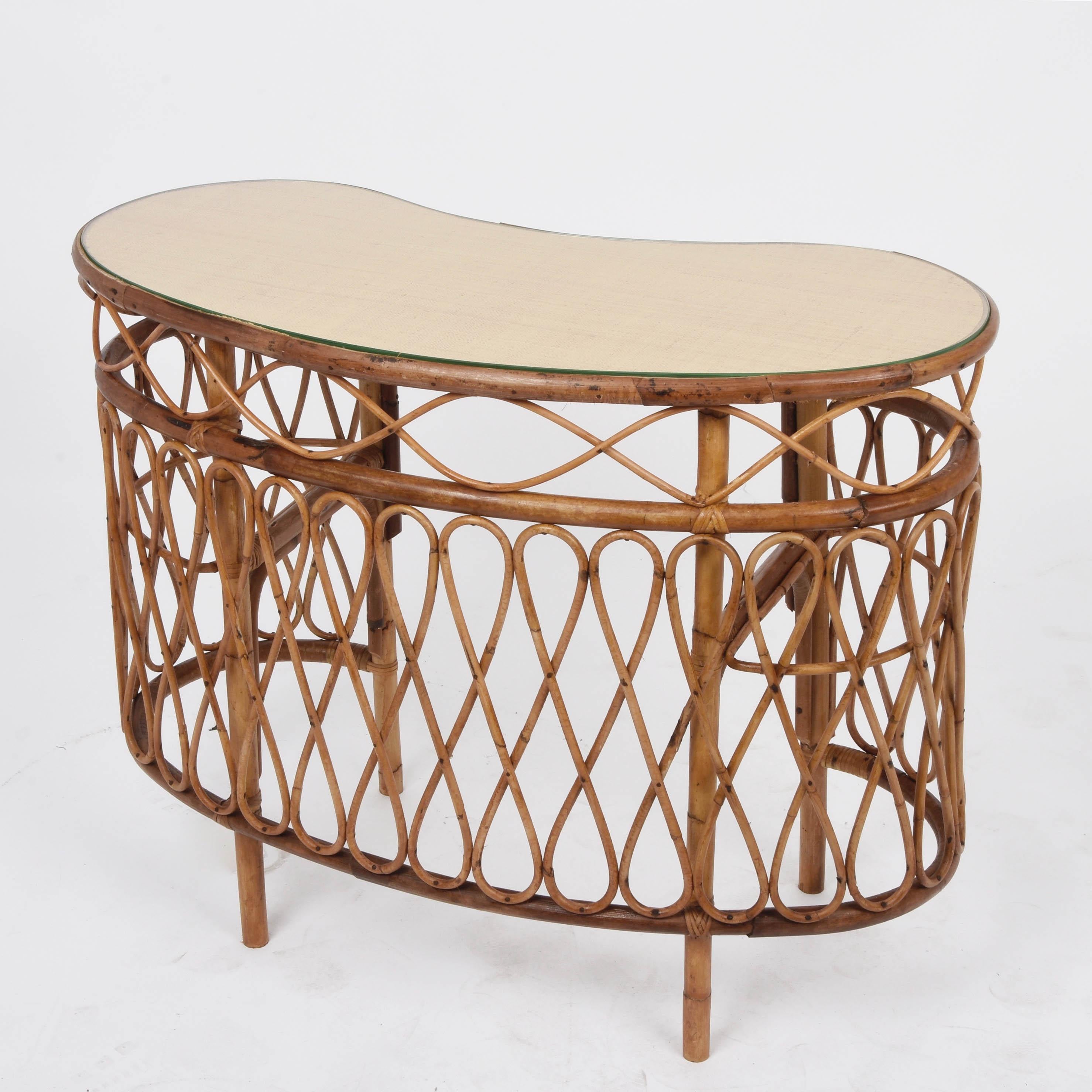 Mid-Century Modern Midcentury Bamboo Wicker and Glass Cocktail Console Table after Albini, 1970s