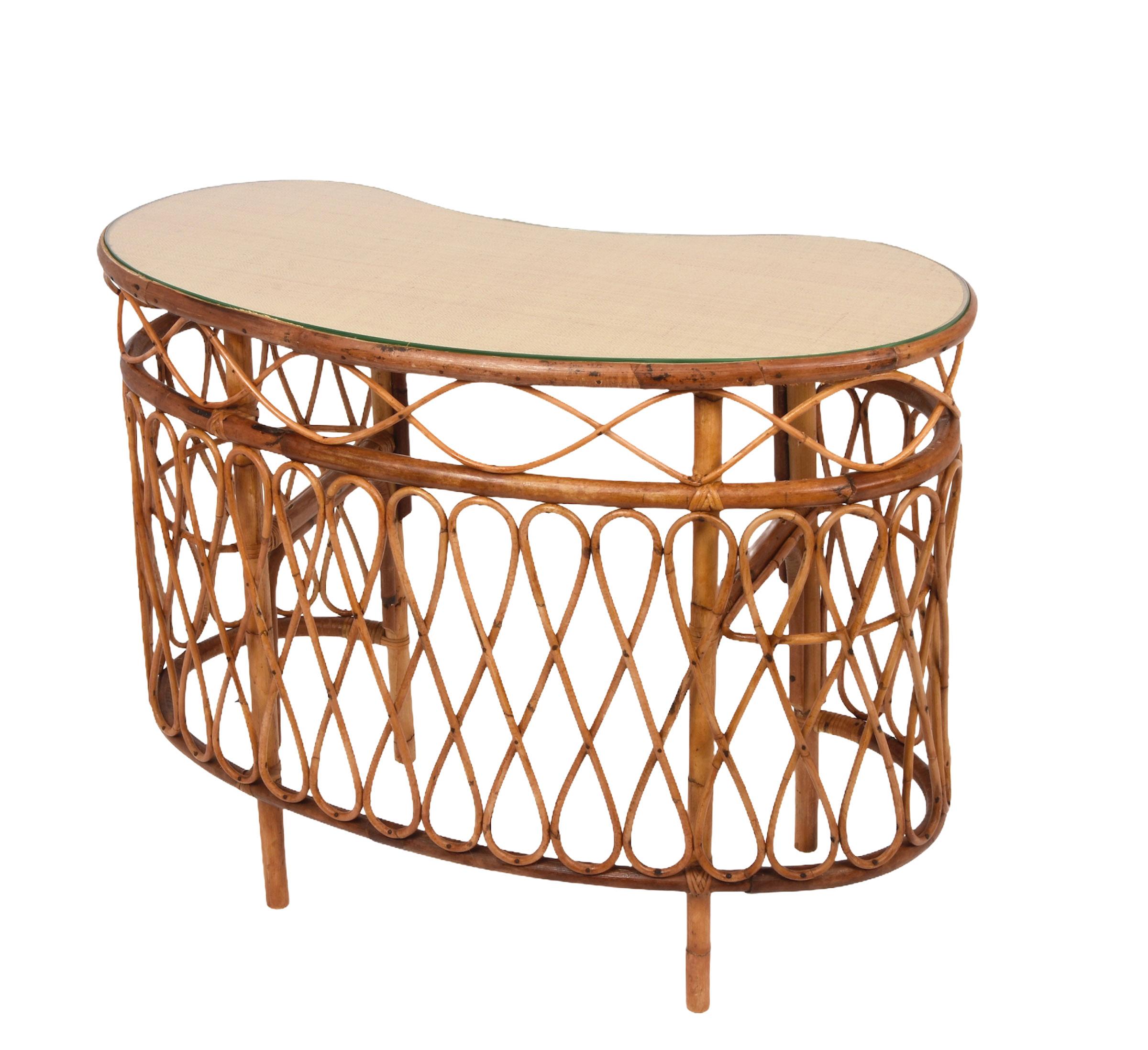 Italian Midcentury Bamboo Wicker and Glass Cocktail Console Table after Albini, 1970s
