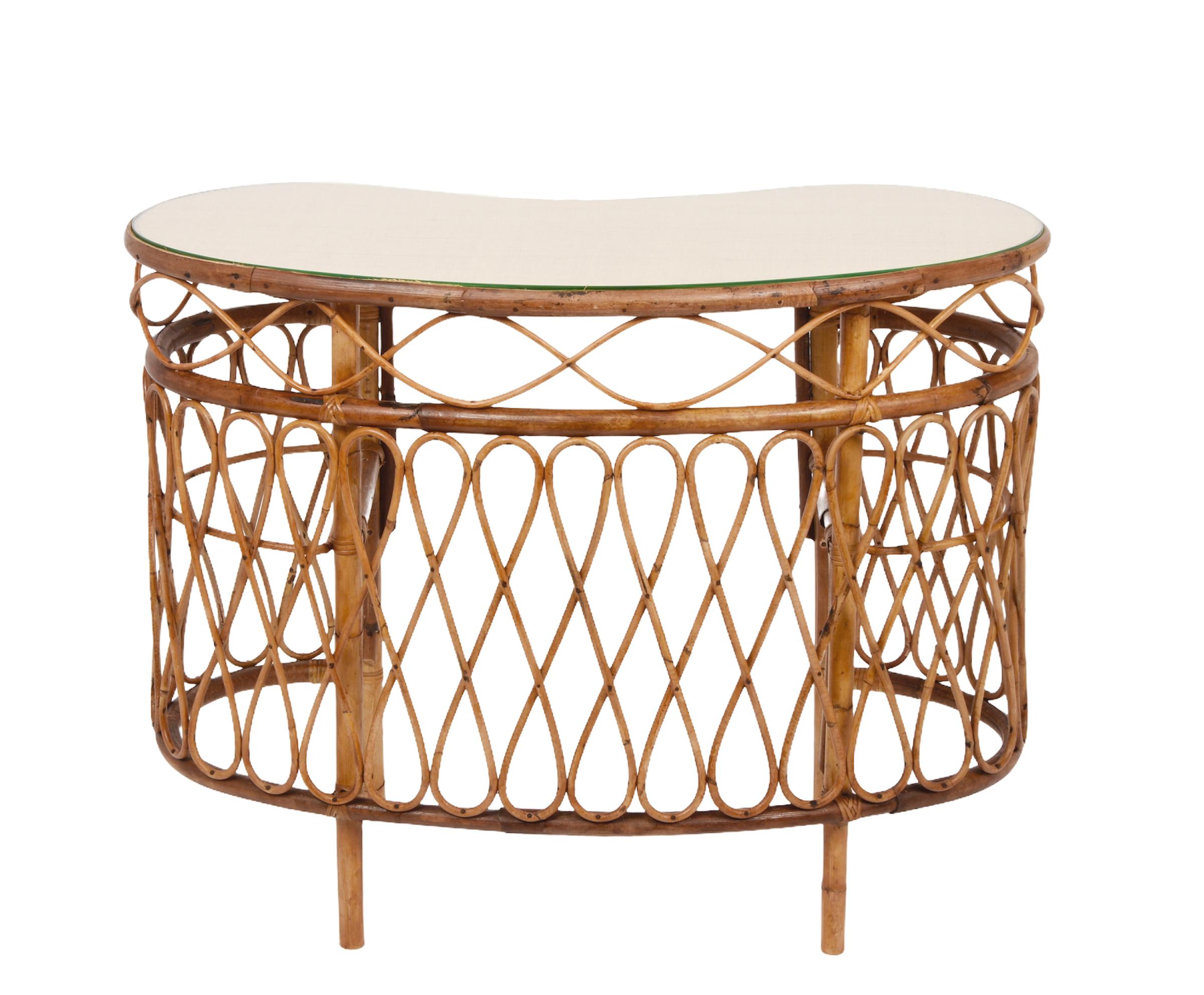 20th Century Midcentury Bamboo Wicker and Glass Cocktail Console Table after Albini, 1970s