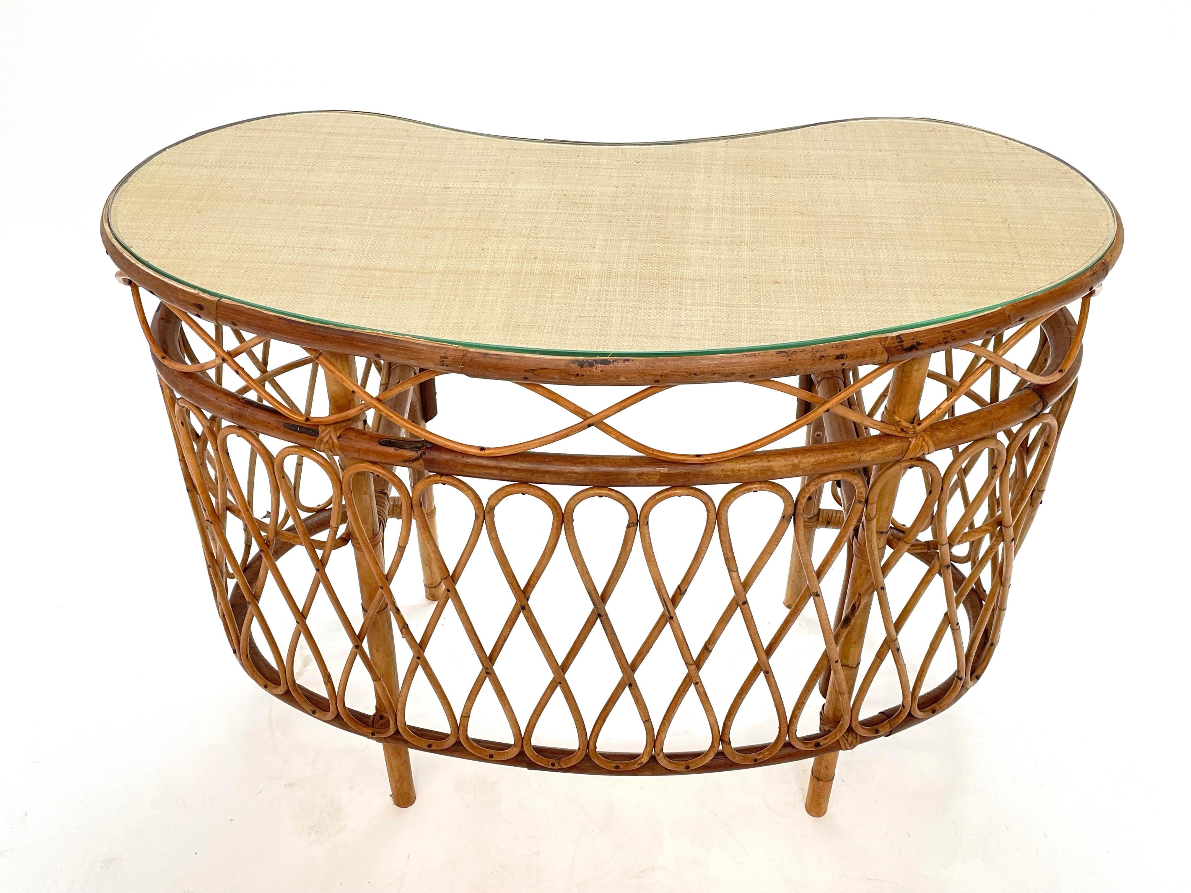 Midcentury Bamboo Wicker and Glass Cocktail Console Table after Albini, 1970s 1