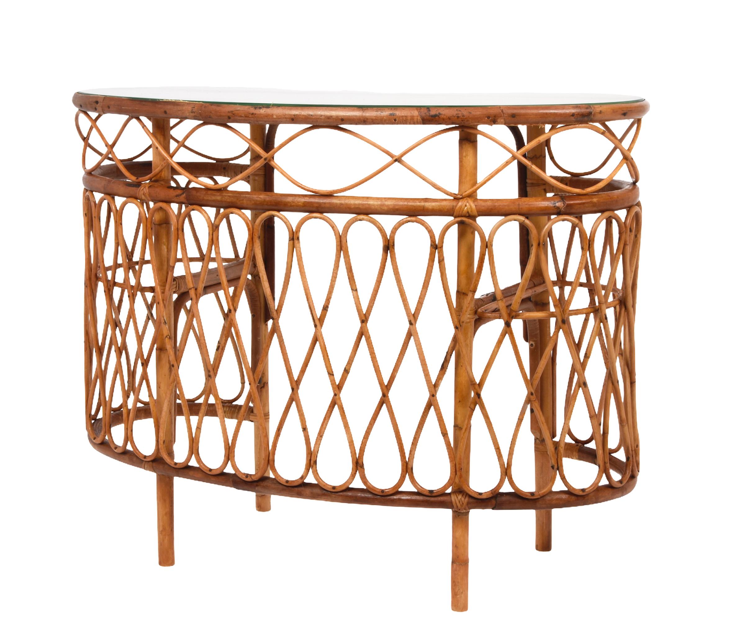 Midcentury Bamboo Wicker and Glass Cocktail Console Table after Albini, 1970s 2