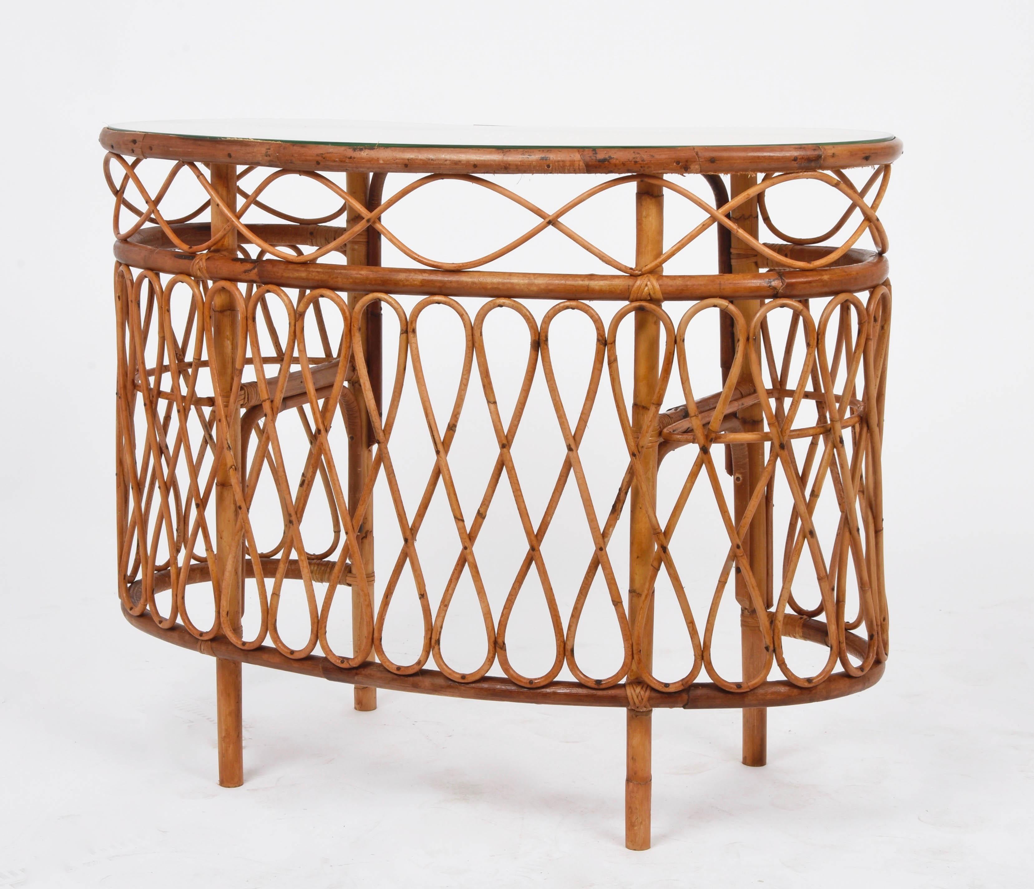 Midcentury Bamboo Wicker and Glass Cocktail Console Table after Albini, 1970s 3