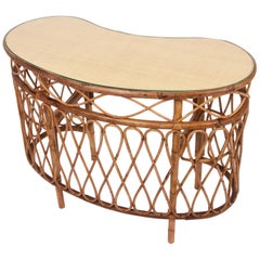 Midcentury Bamboo Wicker and Glass Cocktail Console Table after Albini, 1970s