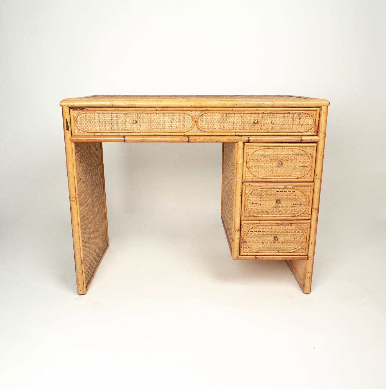 Mid-Century Modern Midcentury Bamboo, Wicker and Rattan Italian Desk Table with Drawers, 1970s For Sale