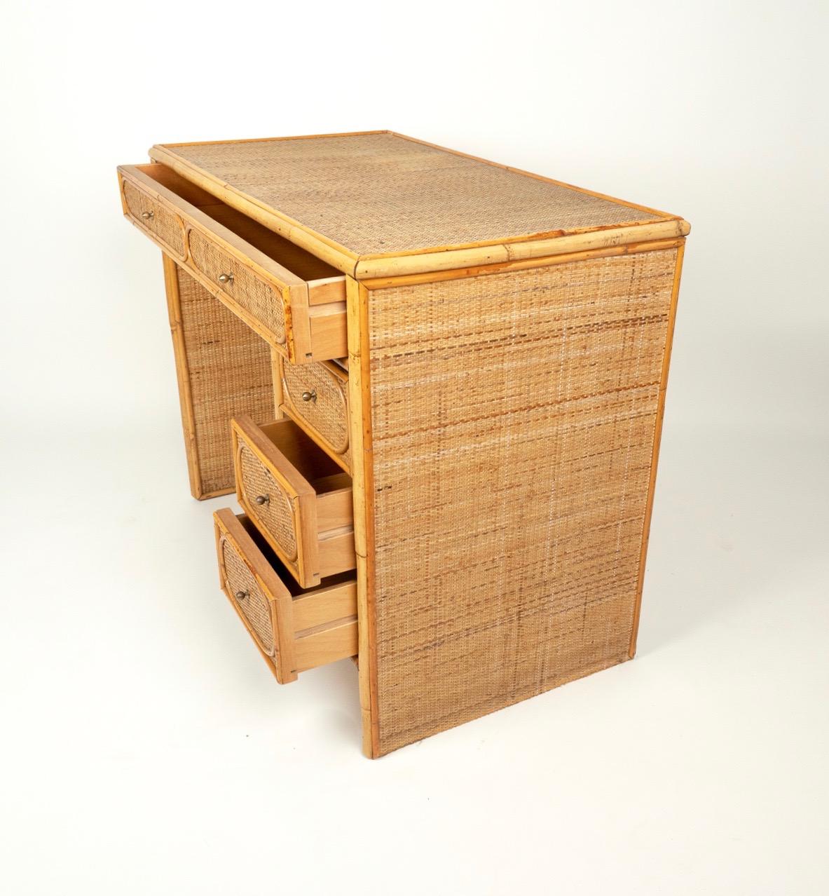 Late 20th Century Midcentury Bamboo, Wicker and Rattan Italian Desk Table with Drawers, 1970s For Sale