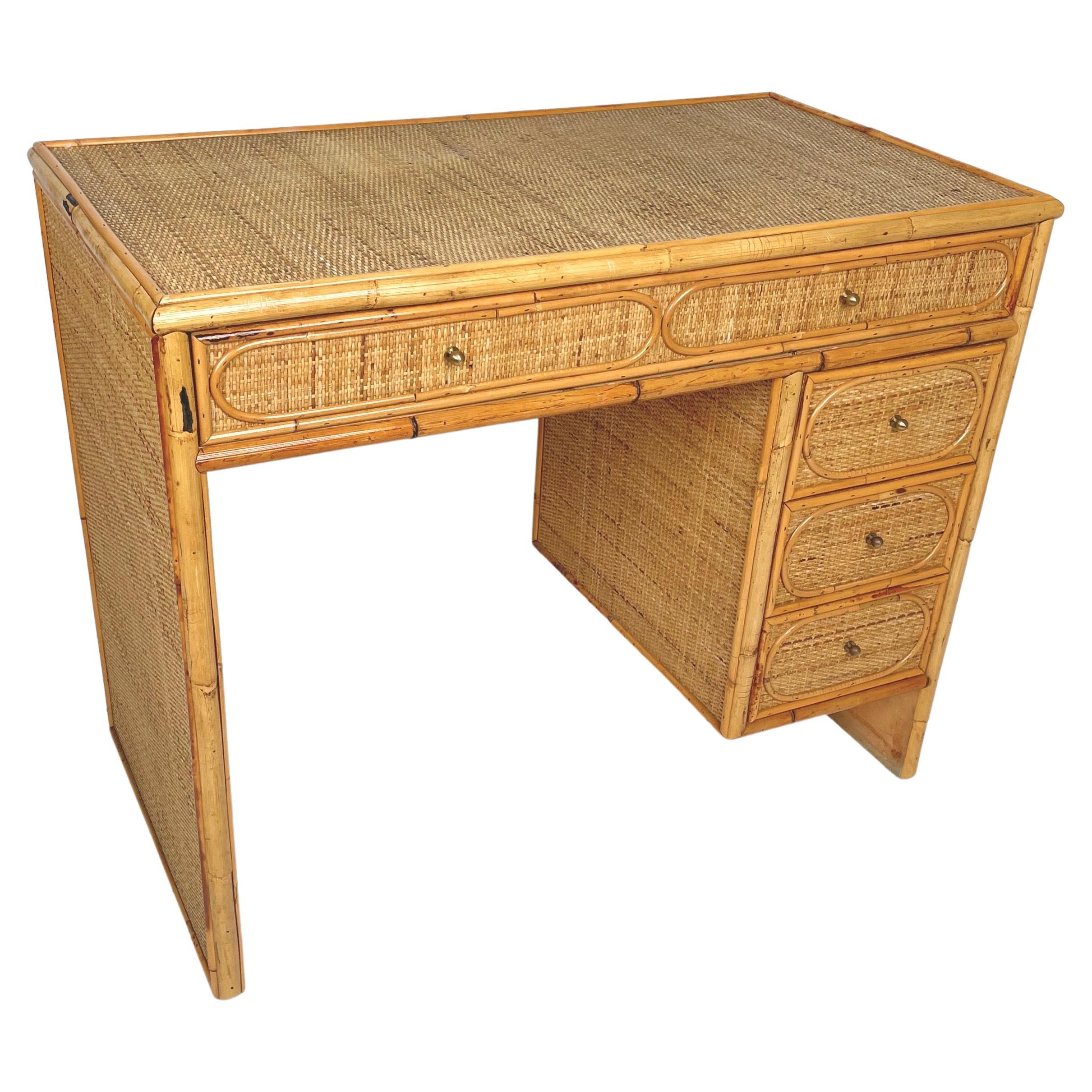 Midcentury Bamboo, Wicker and Rattan Italian Desk Table with Drawers, 1970s For Sale 1