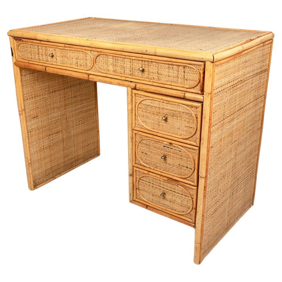 Midcentury Bamboo, Wicker and Rattan Italian Desk Table with Drawers, 1970s For Sale