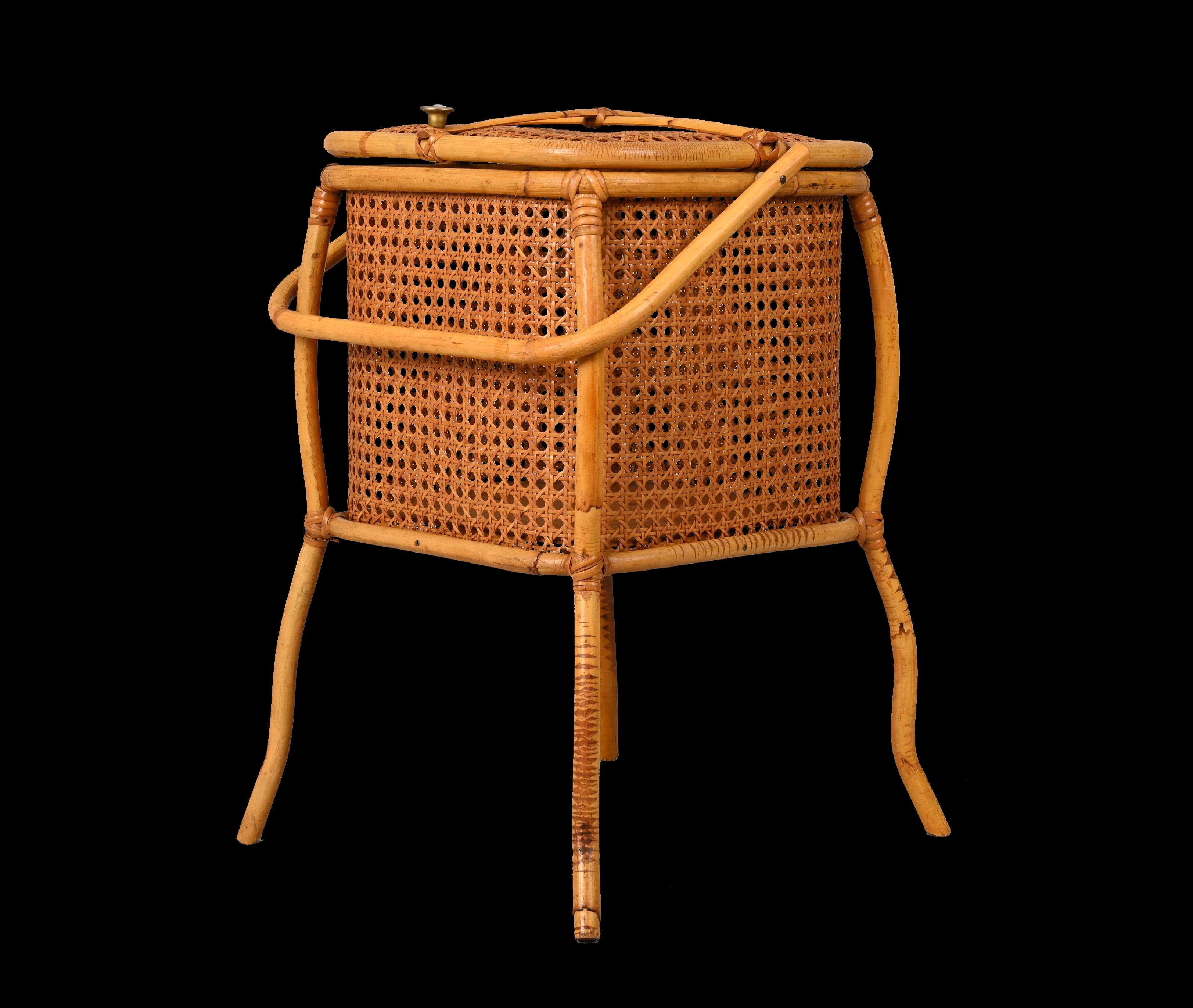 Midcentury Bamboo, Wicker and Vienna Straw Cubic Italian Magazine Basket, 1960s For Sale 5