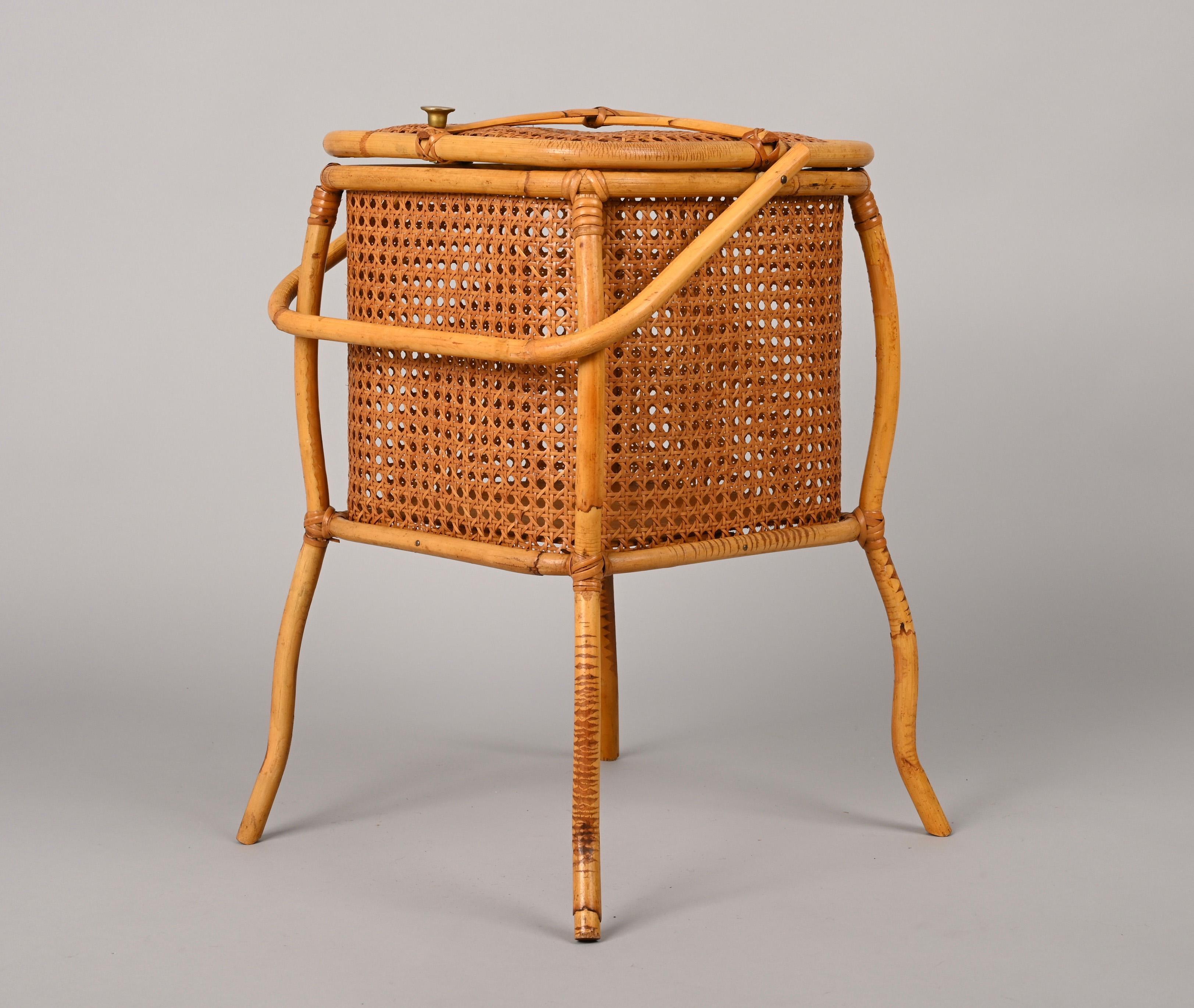 Midcentury Bamboo, Wicker and Vienna Straw Cubic Italian Magazine Basket, 1960s For Sale 6