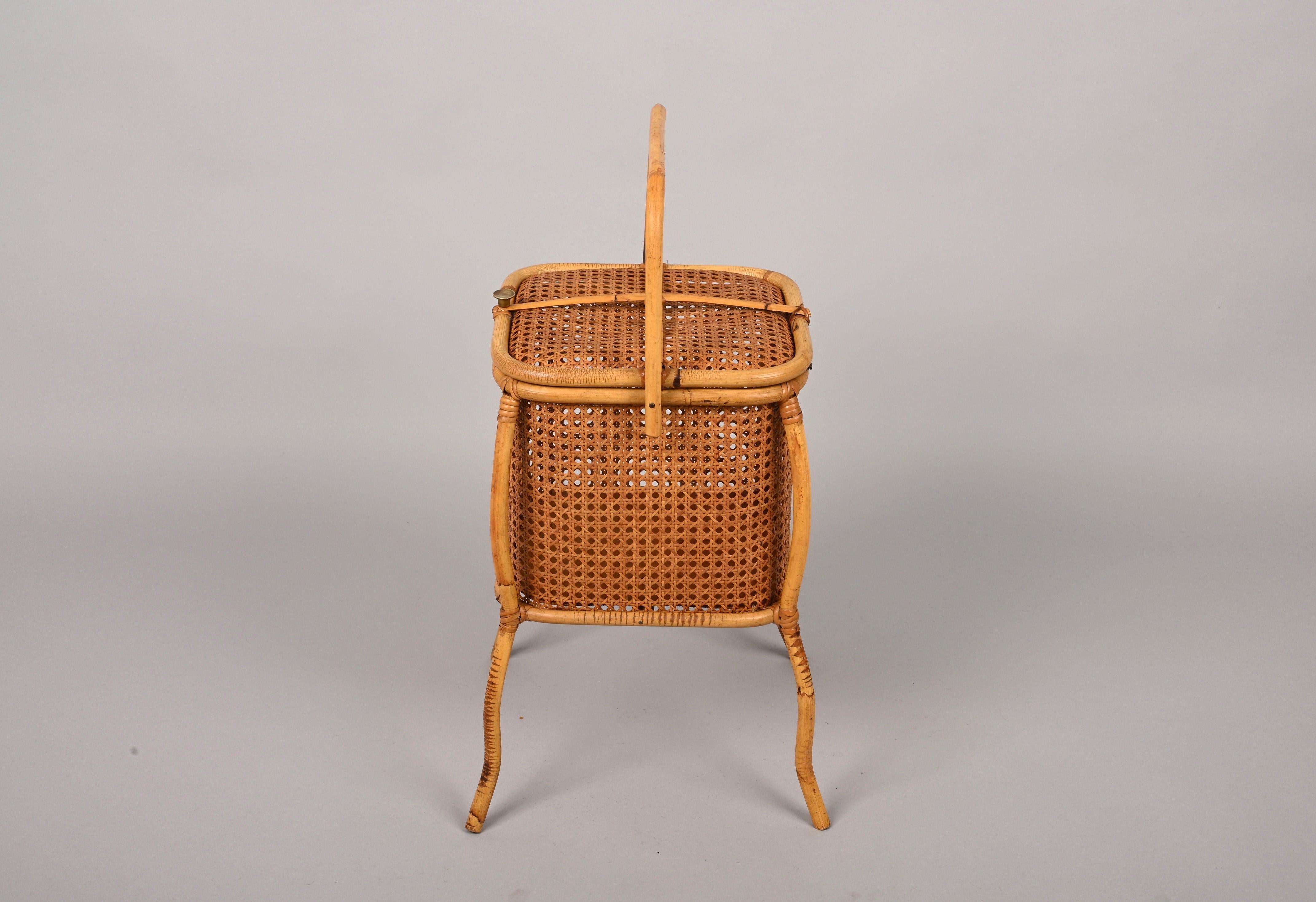 Midcentury Bamboo, Wicker and Vienna Straw Cubic Italian Magazine Basket, 1960s For Sale 10