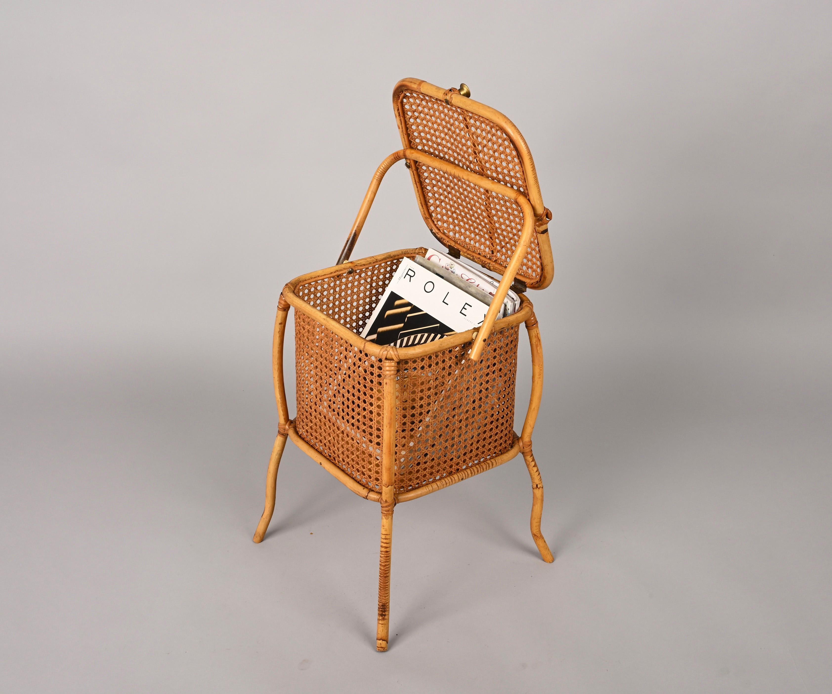 Midcentury Bamboo, Wicker and Vienna Straw Cubic Italian Magazine Basket, 1960s For Sale 13