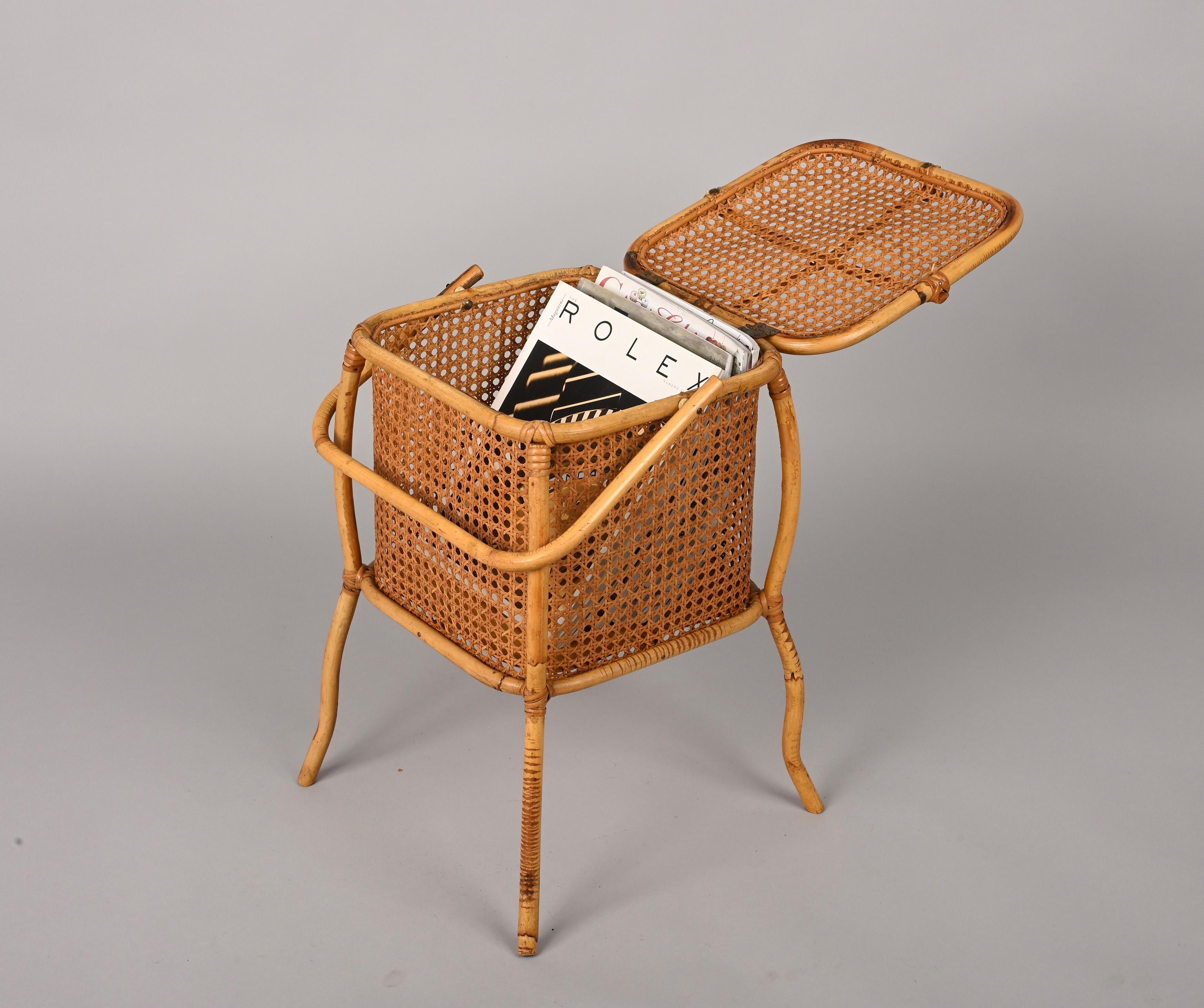 Midcentury Bamboo, Wicker and Vienna Straw Cubic Italian Magazine Basket, 1960s For Sale 14