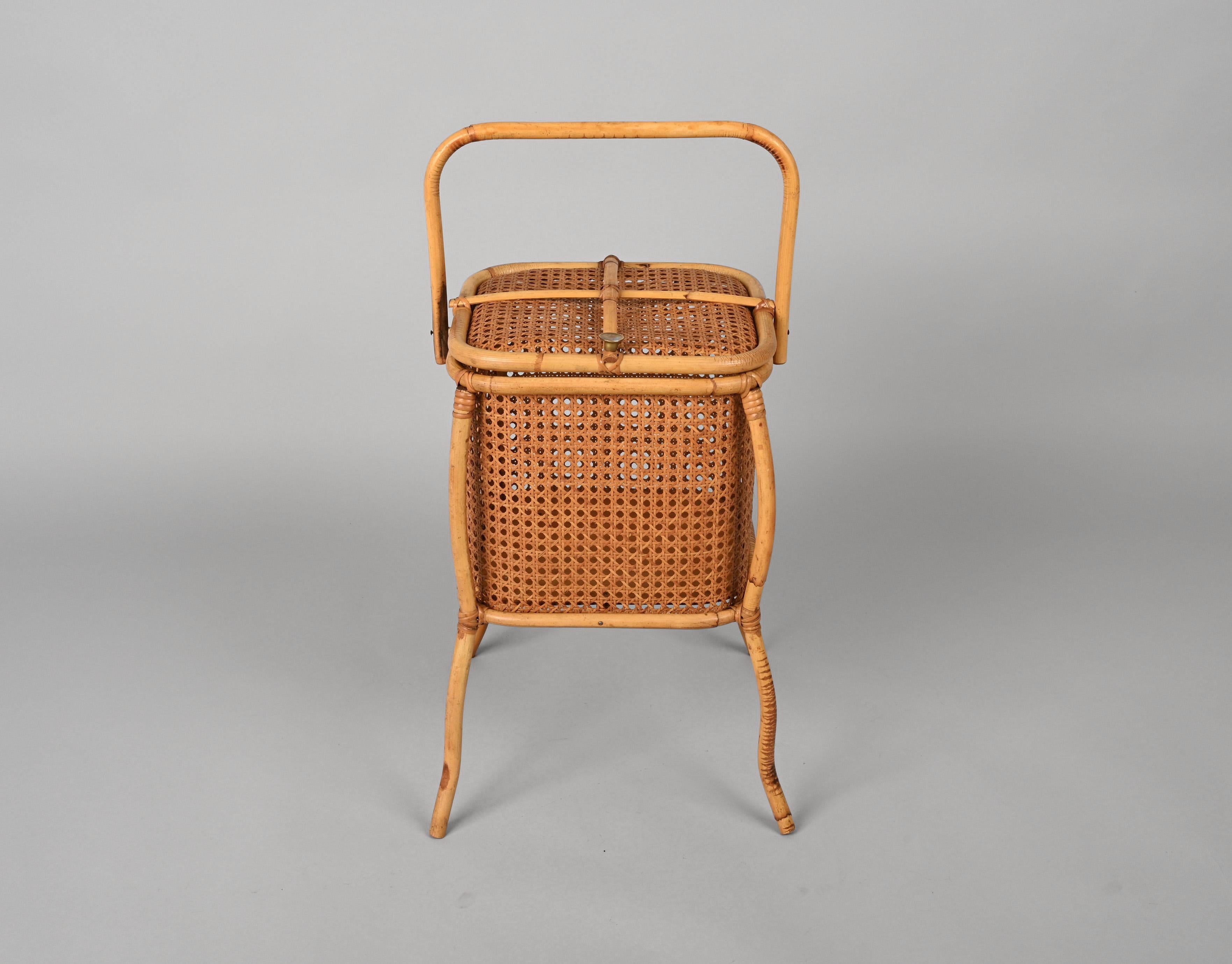 Mid-Century Modern Midcentury Bamboo, Wicker and Vienna Straw Cubic Italian Magazine Basket, 1960s For Sale