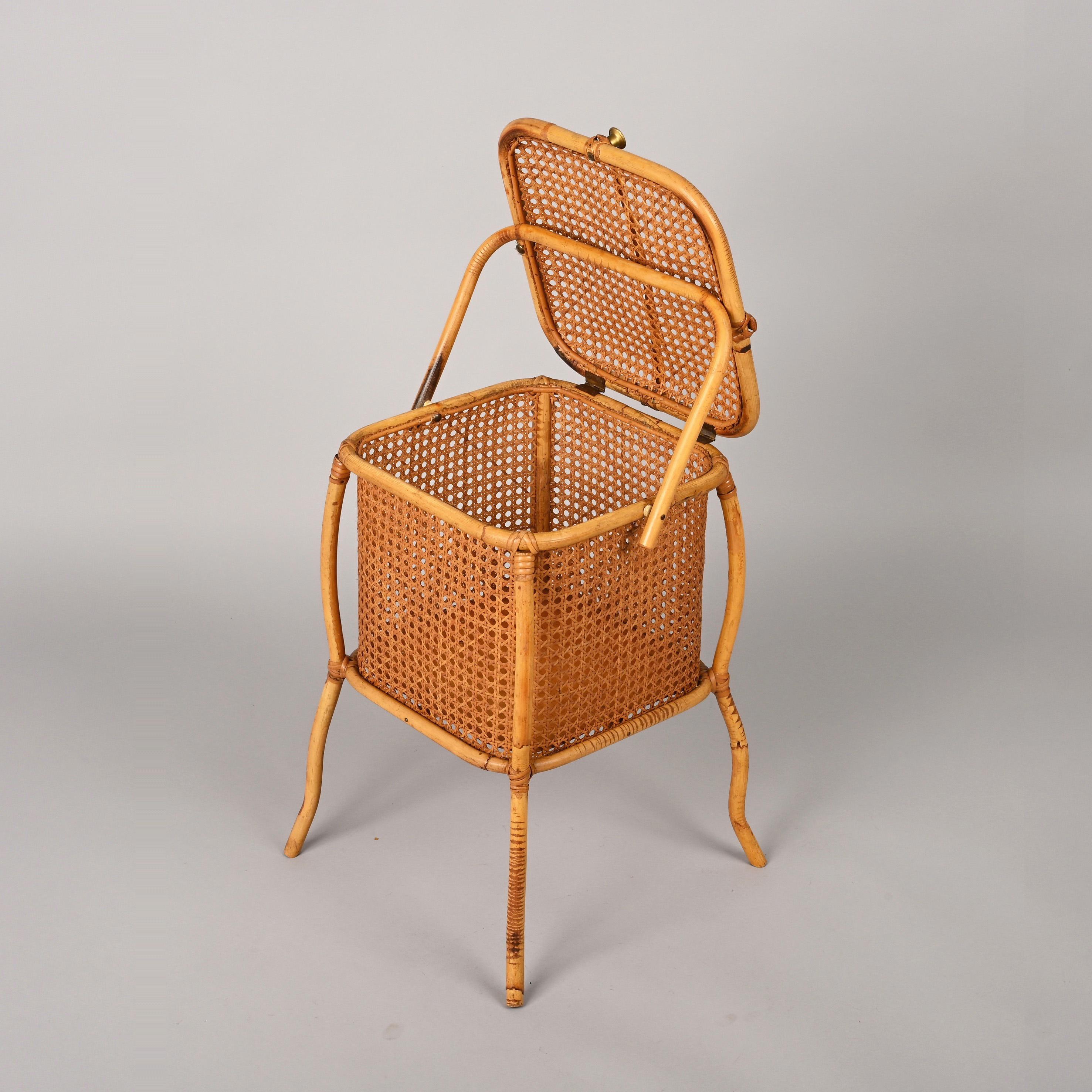 Midcentury Bamboo, Wicker and Vienna Straw Cubic Italian Magazine Basket, 1960s For Sale 3