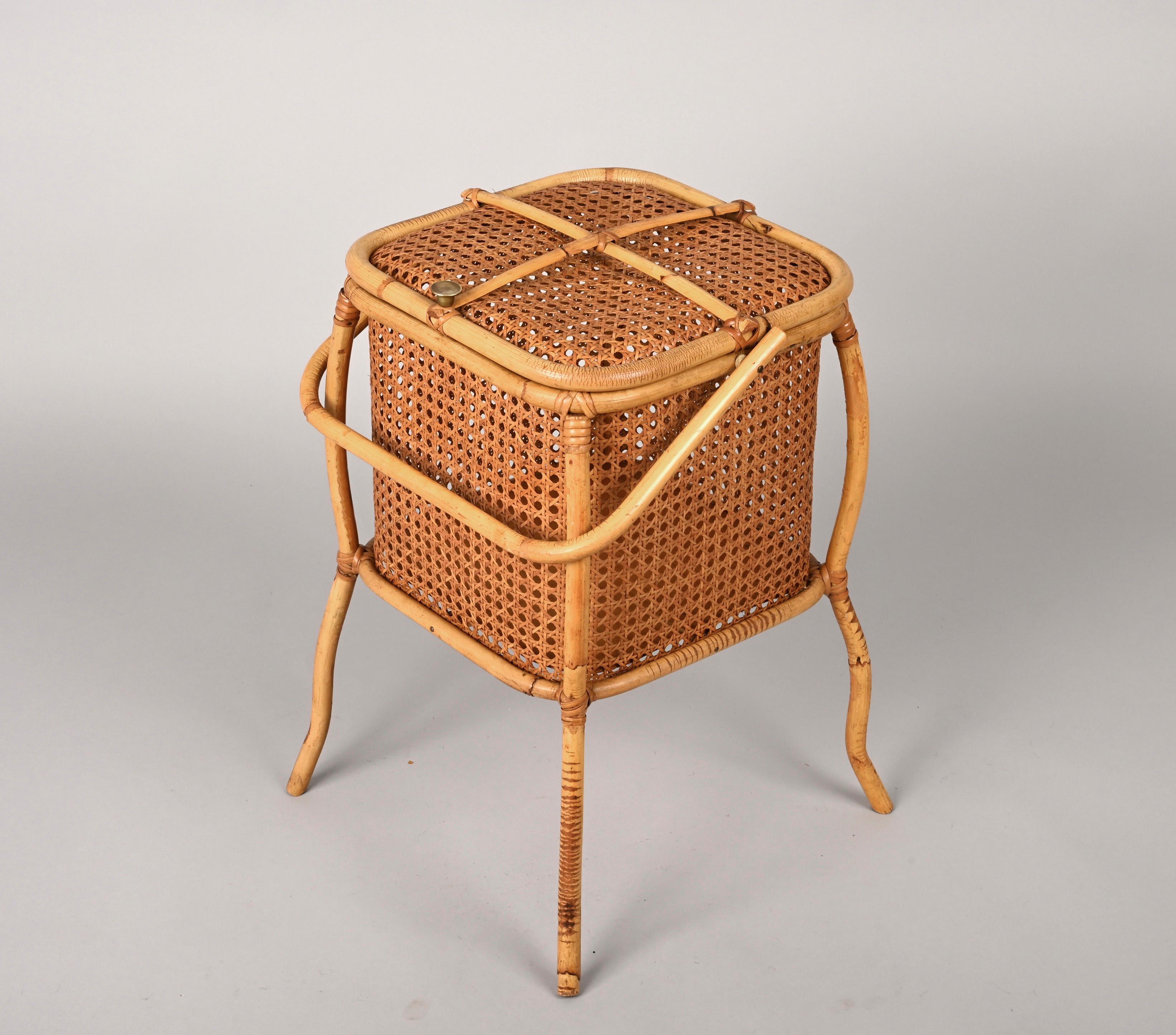 Midcentury Bamboo, Wicker and Vienna Straw Cubic Italian Magazine Basket, 1960s For Sale 4