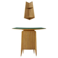 Midcentury Bar Cabinet Set Made of Wood with Dark green Crystal Shelf