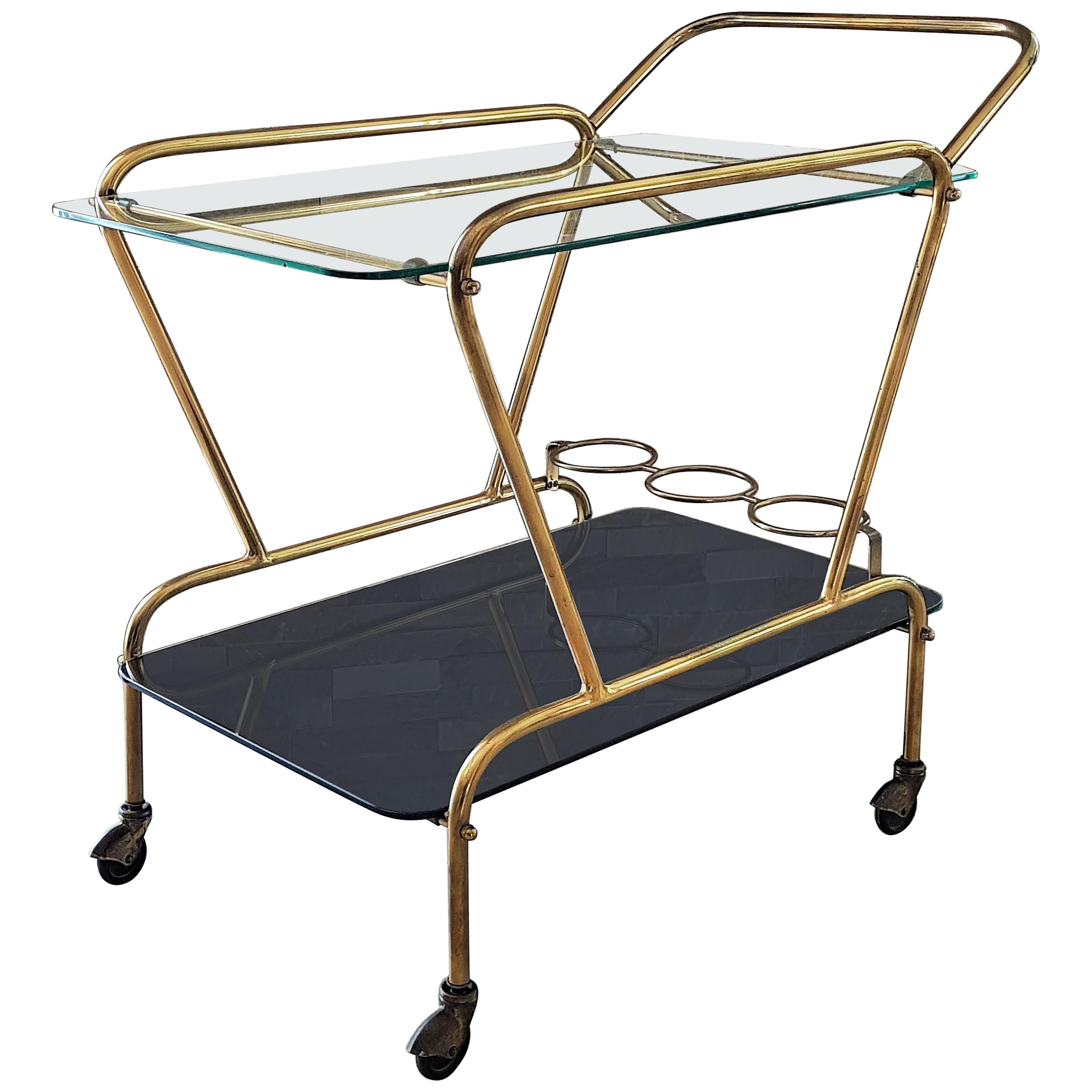 Midcentury Bar Cart Brass and Mirror by Lacca, Italy, 1950s