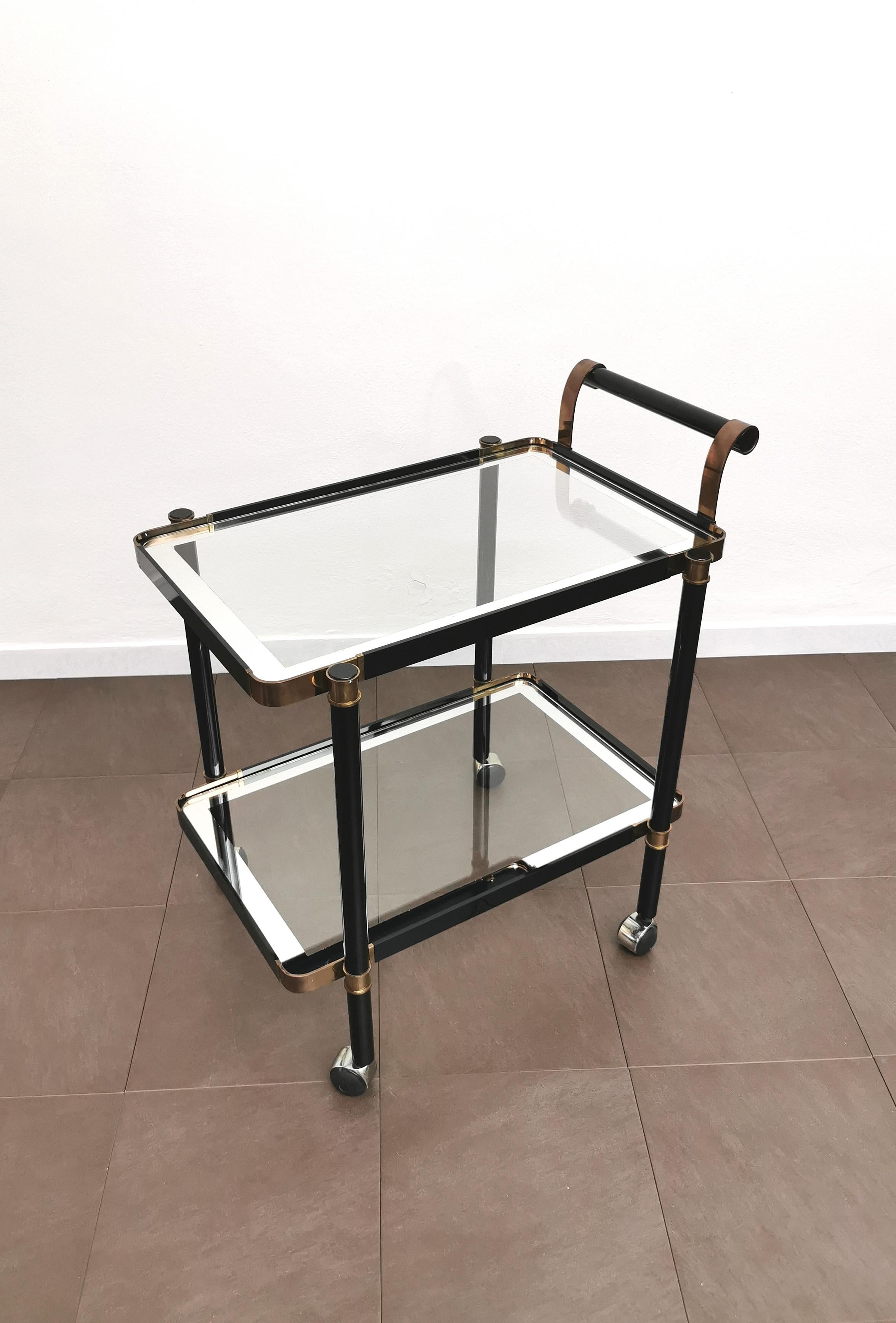 Mid-Century Modern Midcentury Bar Cart Brass Glass Black Enameled Aluminum Italian Design, 1970s For Sale