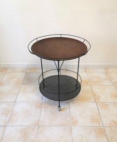 Midcentury Bar Cart Enameled Metal Wood Round Italian Design 1960s