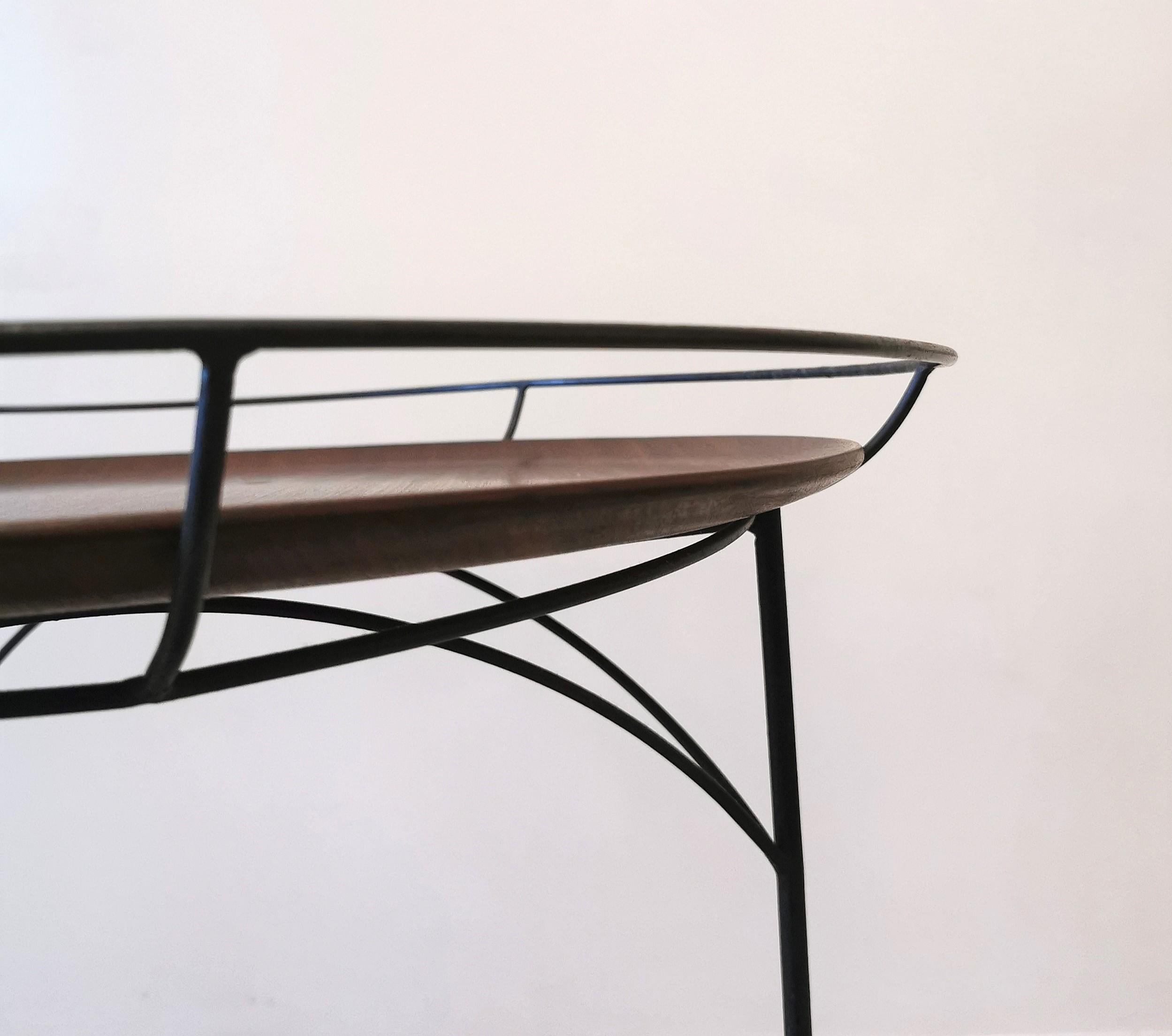 Midcentury Bar Cart Enameled Metal Wood Round Italian Design 1960s For Sale 2