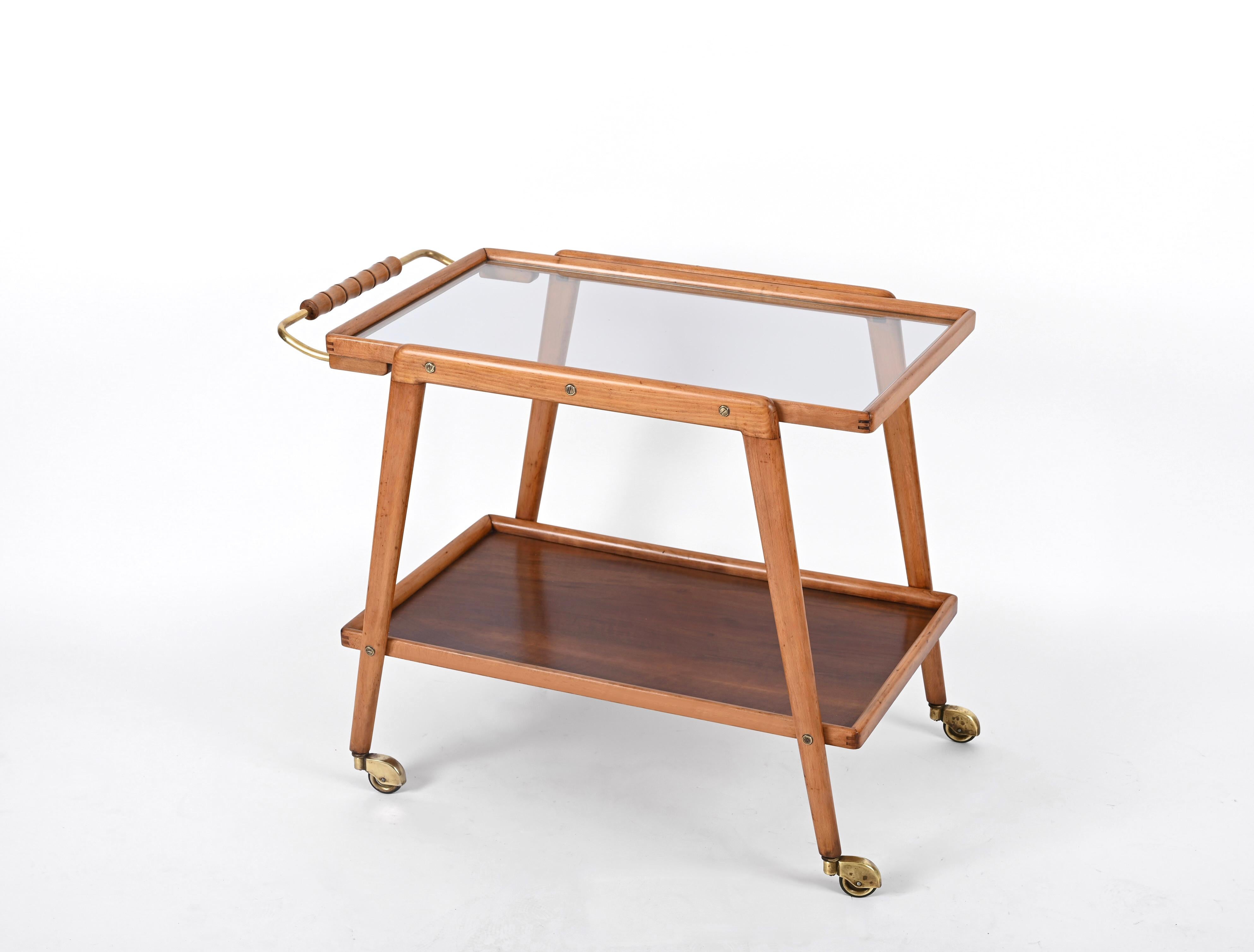 Mid-Century Modern Midcentury Bar Cart in Beech, Brass and Glass, Cesare Lacca, Italy, 1960s For Sale