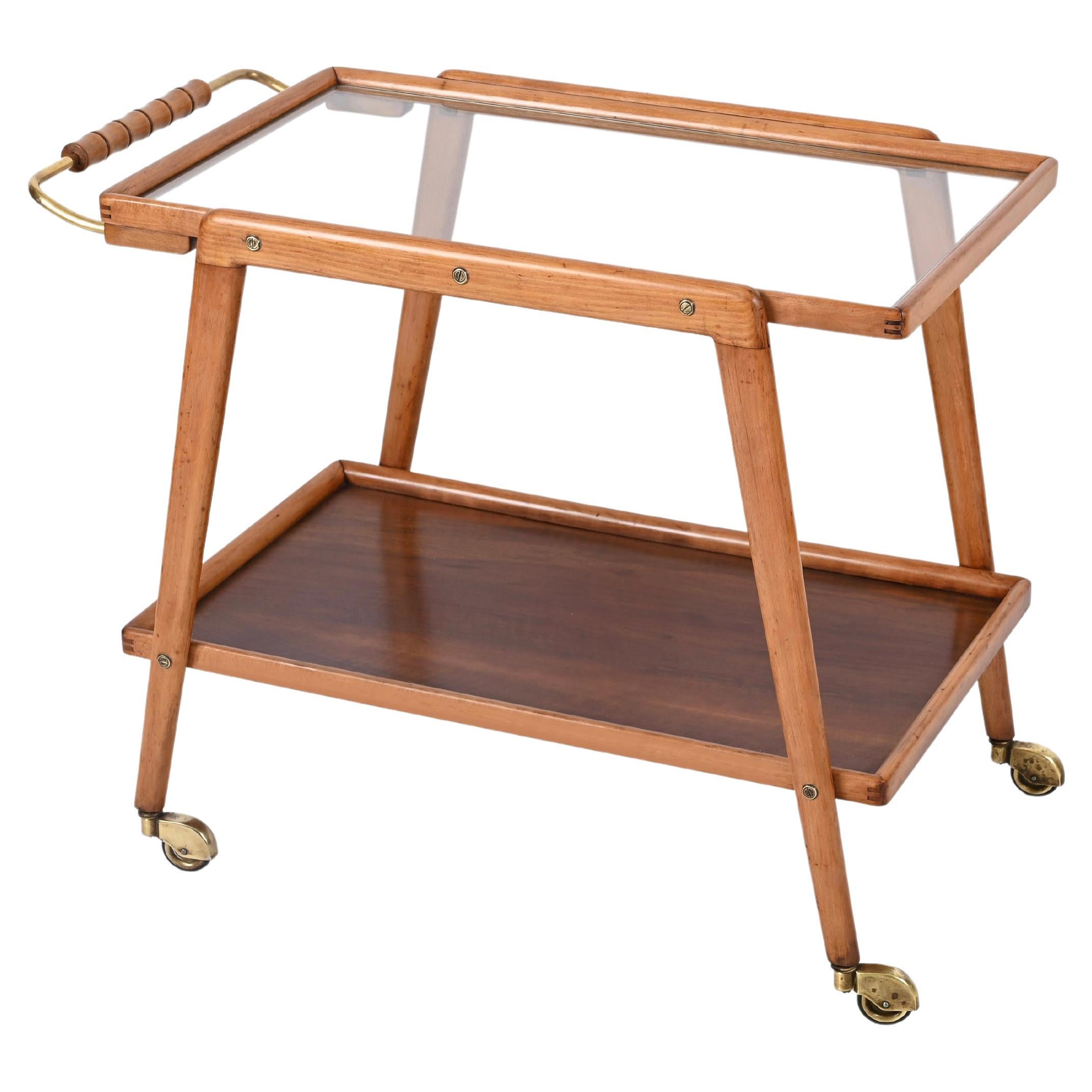 Midcentury Bar Cart in Beech, Brass and Glass, Cesare Lacca, Italy, 1960s