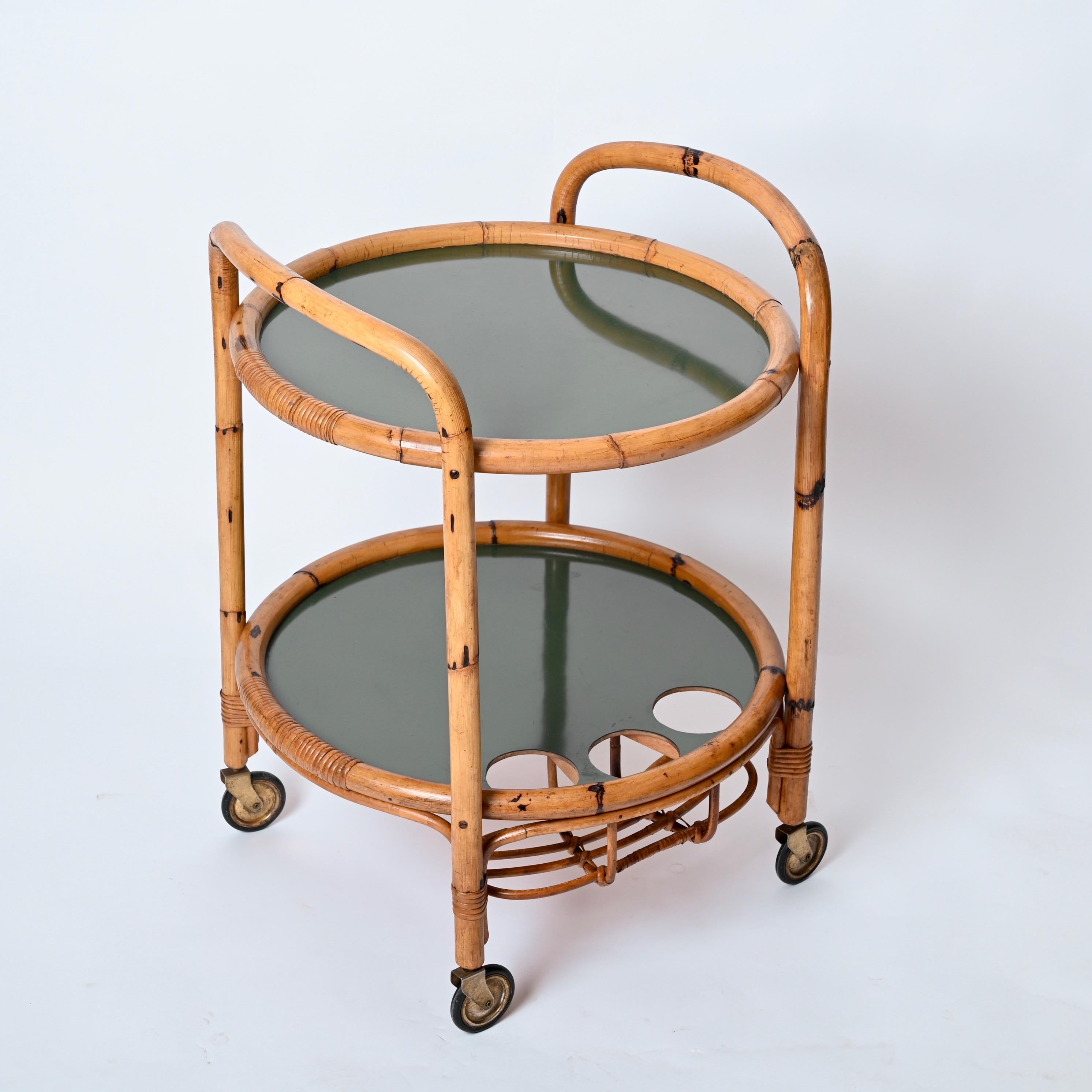 Midcentury Bar Serving Cart in Bamboo, Rattan and Green Formica, Italy, 1970s For Sale 4