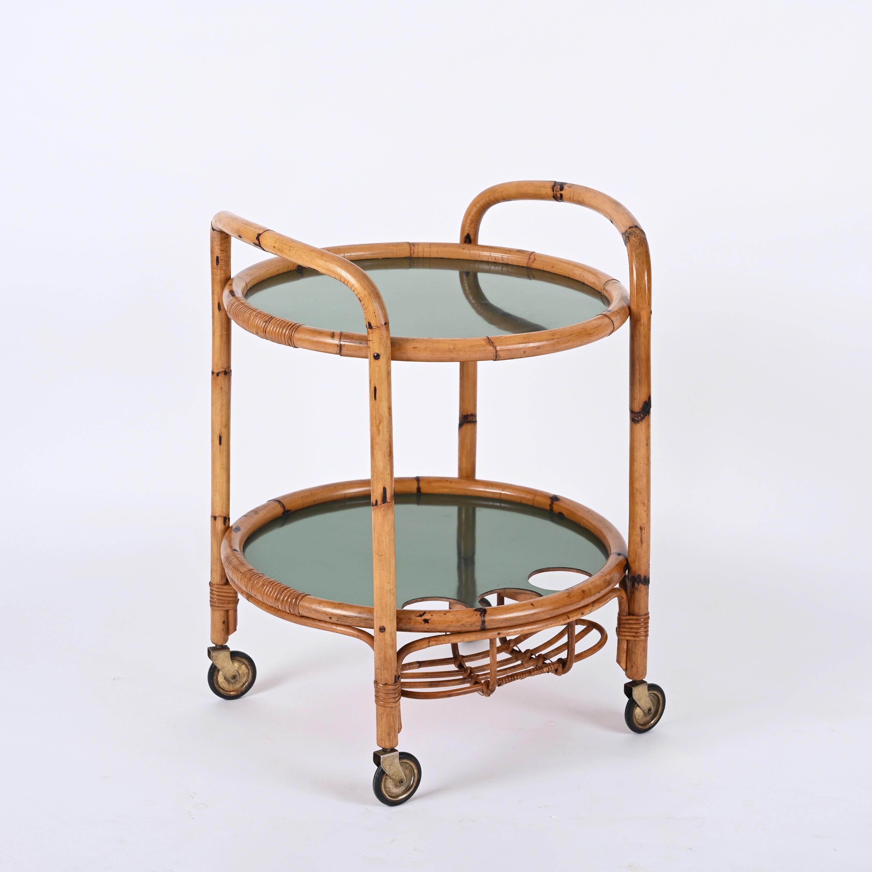 Midcentury Bar Serving Cart in Bamboo, Rattan and Green Formica, Italy, 1970s For Sale 5