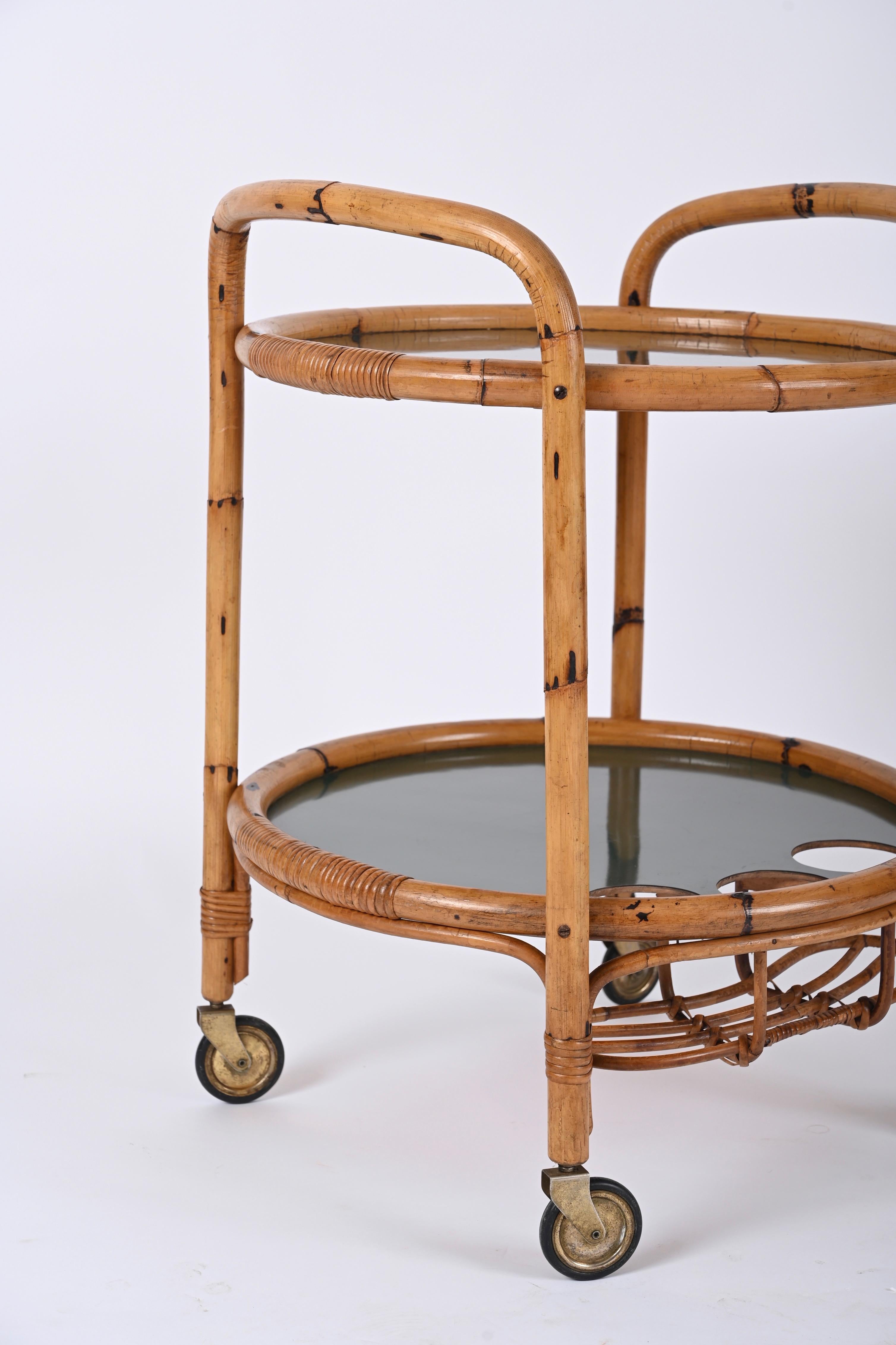 Midcentury Bar Serving Cart in Bamboo, Rattan and Green Formica, Italy, 1970s For Sale 8