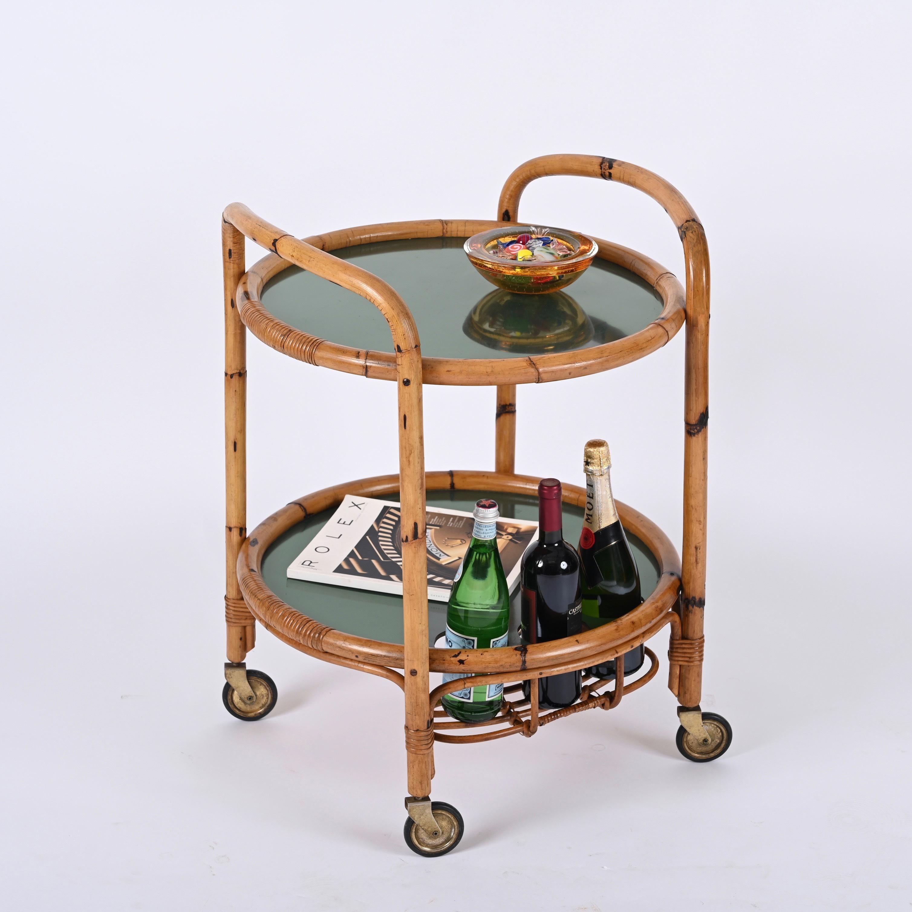 Midcentury Bar Serving Cart in Bamboo, Rattan and Green Formica, Italy, 1970s For Sale 9