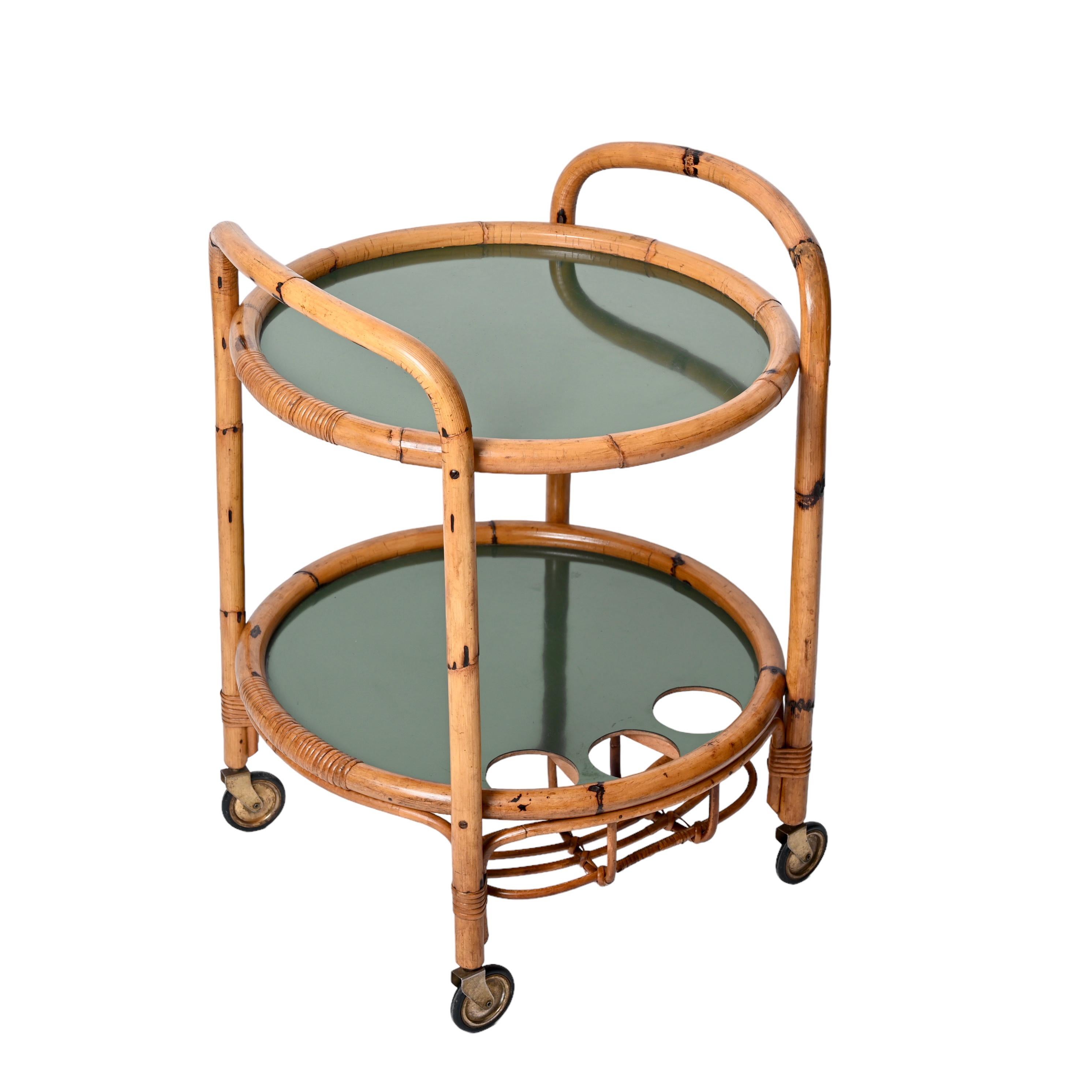 Midcentury Bar Serving Cart in Bamboo, Rattan and Green Formica, Italy, 1970s For Sale 10