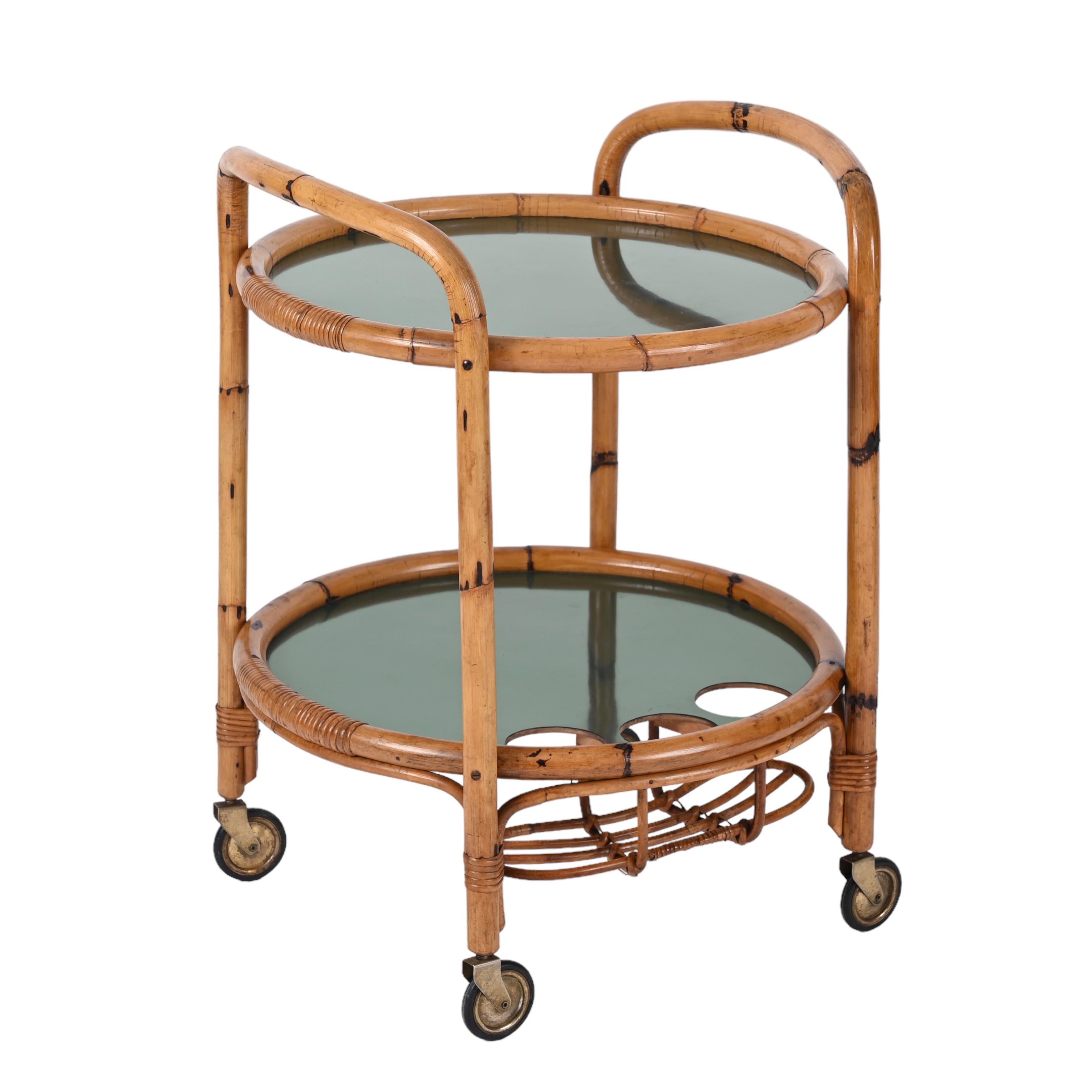 Midcentury Bar Serving Cart in Bamboo, Rattan and Green Formica, Italy, 1970s For Sale 13