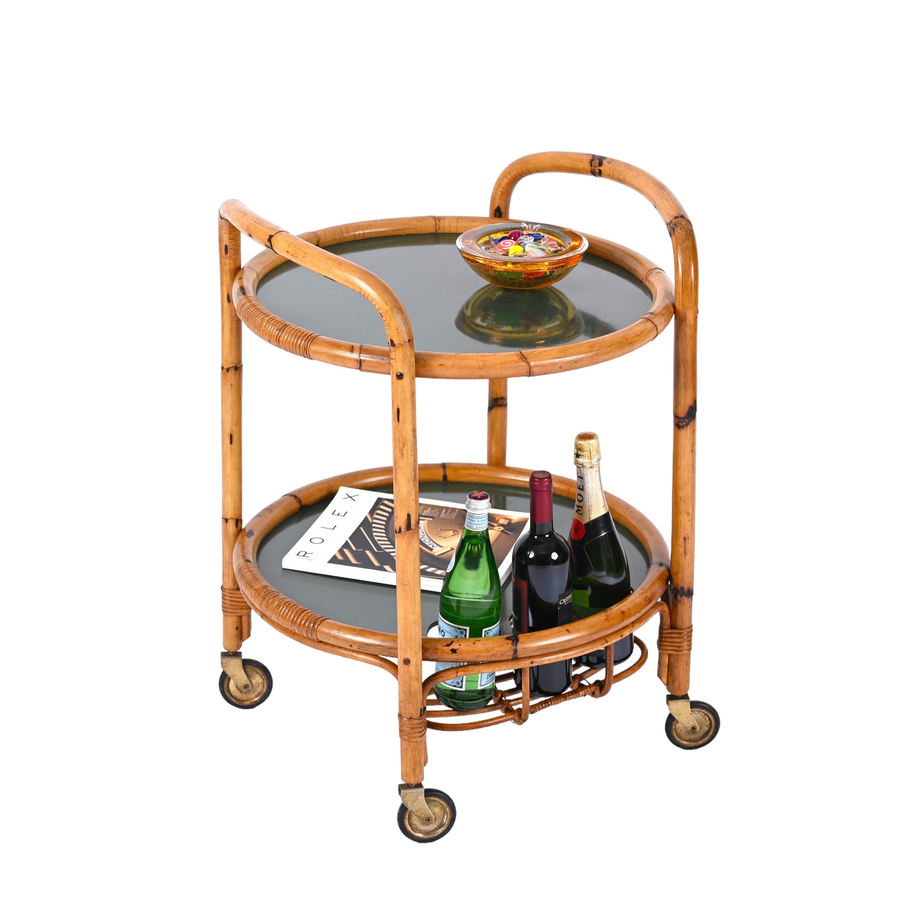 Mid-Century Modern Midcentury Bar Serving Cart in Bamboo, Rattan and Green Formica, Italy, 1970s For Sale