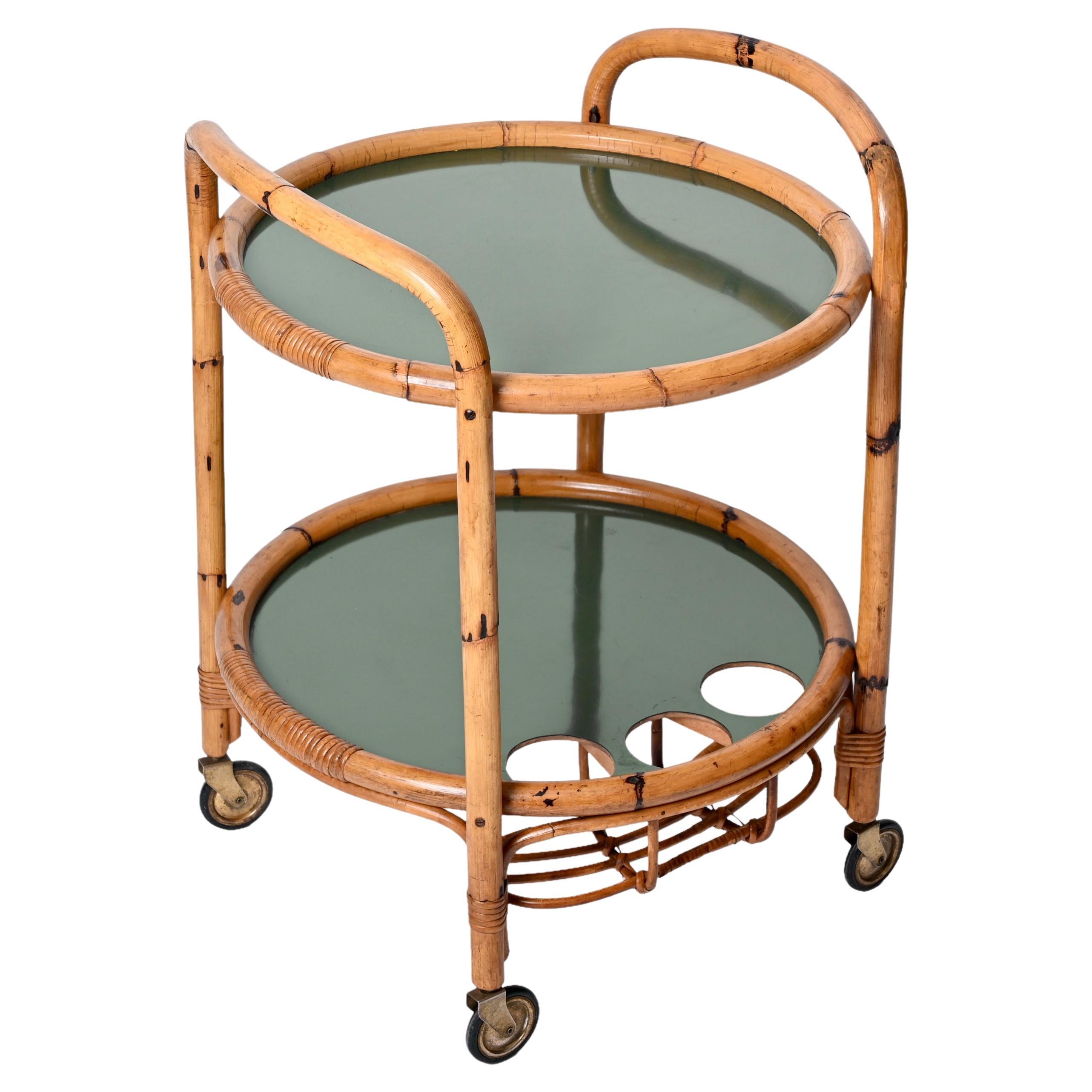Midcentury Bar Serving Cart in Bamboo, Rattan and Green Formica, Italy, 1970s