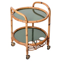 Midcentury Bar Serving Cart in Bamboo, Rattan and Green Formica, Italy, 1970s