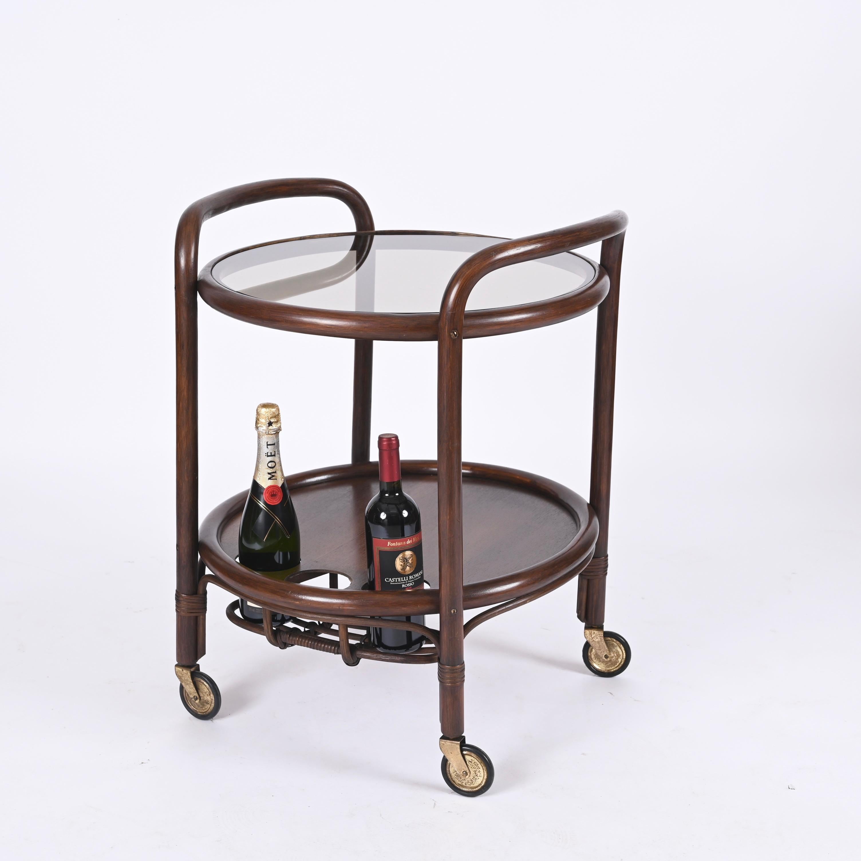 Midcentury Bar Serving Cart in Bamboo, Rattan and Smoked Glass, Italy, 1970s For Sale 3